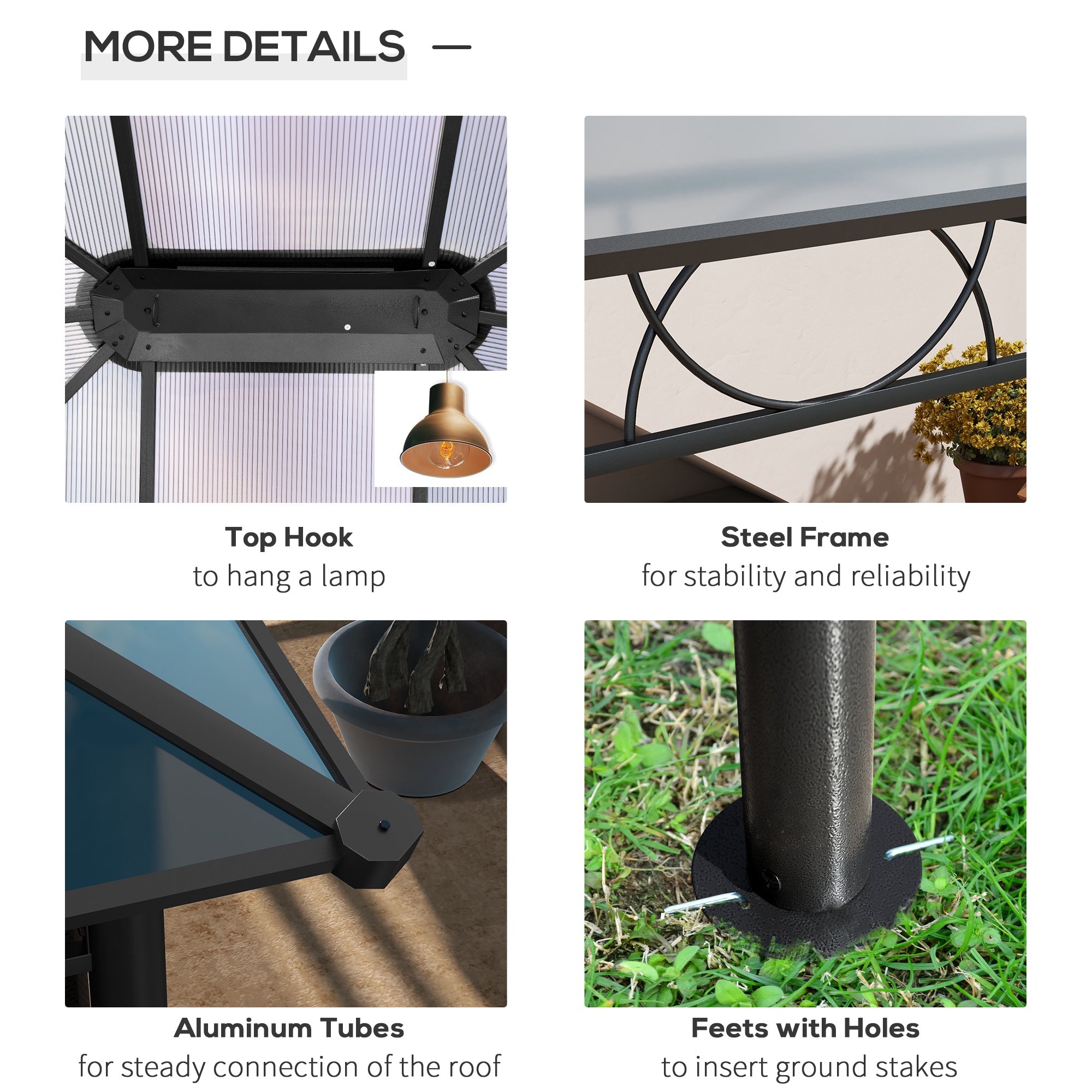 Outsunny Hardtop Gazebo Garden Pavilion with UV Resistant Polycarbonate Roof, Curtains, Steel & Aluminium Frame, 3 x 4m, Grey - North Peak Garden Furniture
