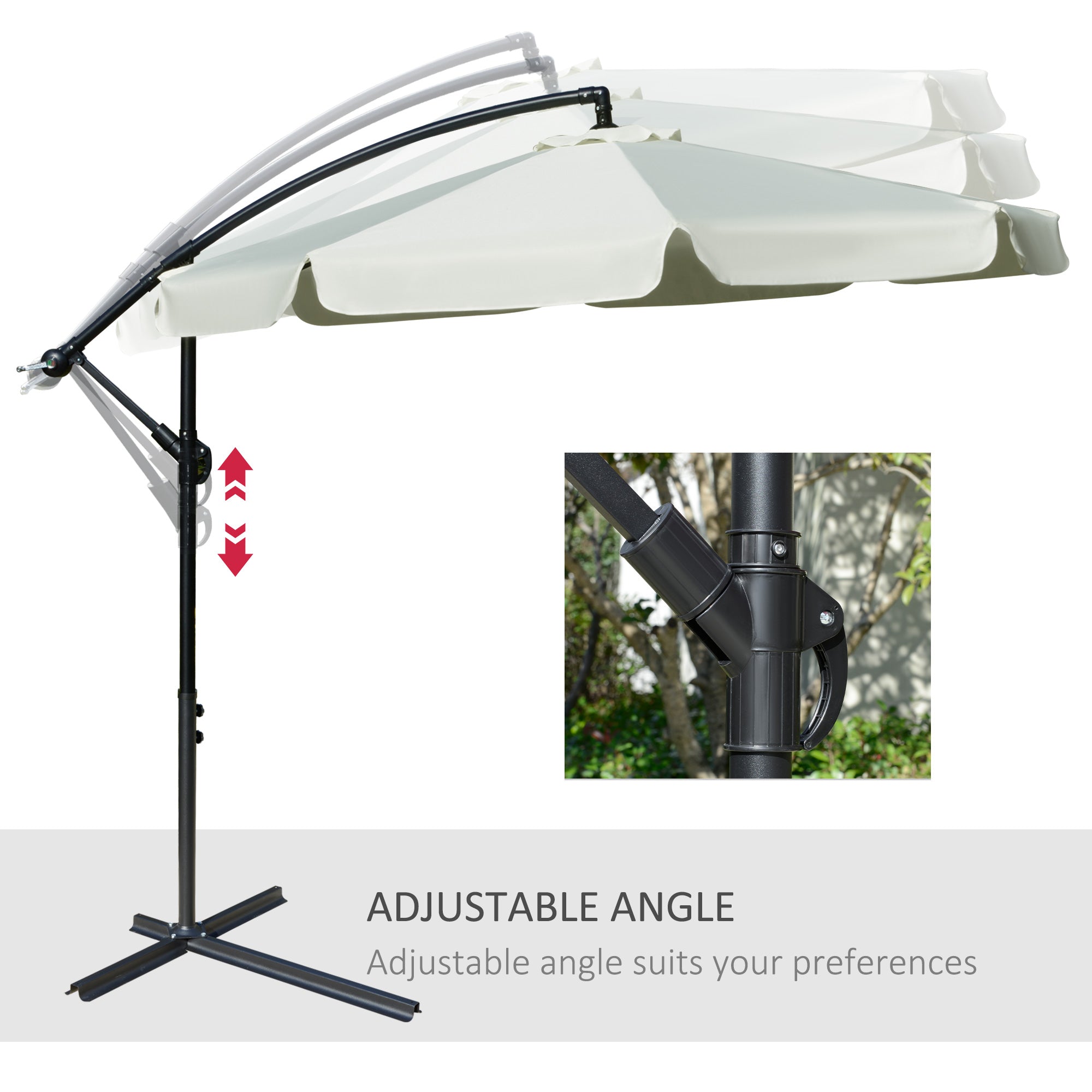 Outsunny 2.7m Garden Banana Parasol Cantilever Umbrella with Crank Handle and Cross Base for Outdoor, Hanging Sun Shade, Cream White - North Peak Garden Furniture