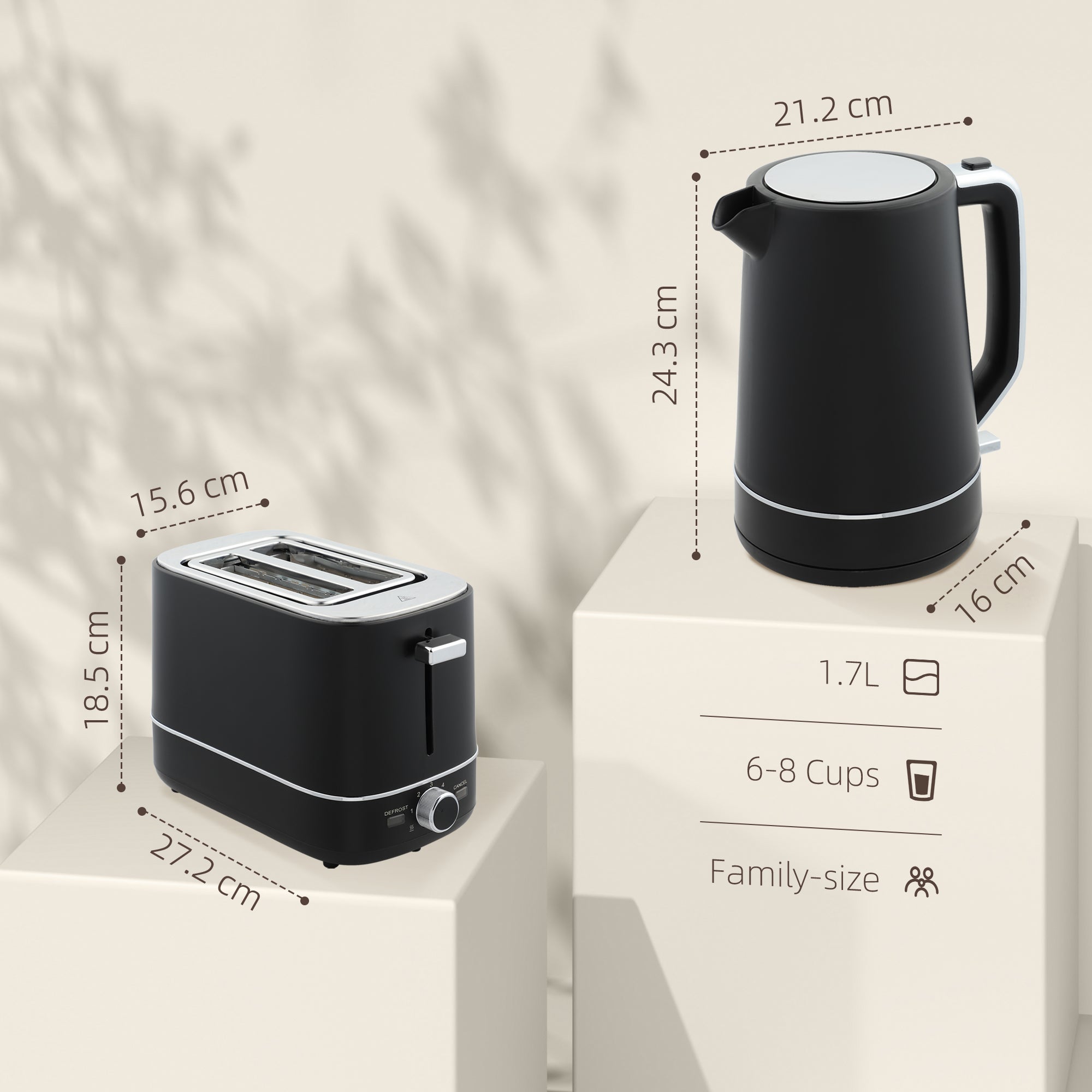 HOMCOM Kettle and Toaster Set, 1.7L 3000W Fast Boil Kettle & 2 Slice Toaster Kitchen Set with 6 Level Browning Controls, Defrost, Reheat, Black - North Peak Garden Furniture