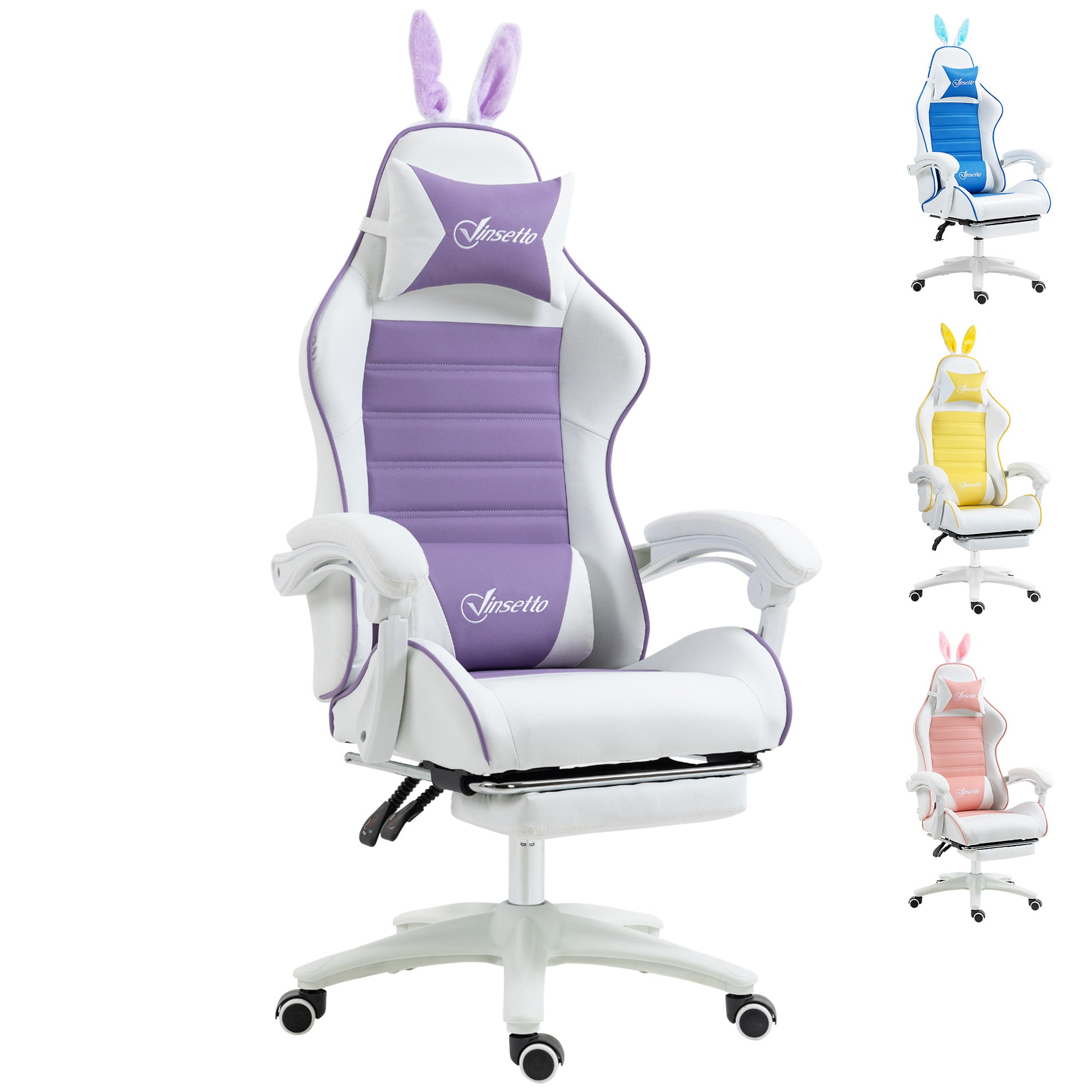 Vinsetto Racing Gaming Chair, Reclining PU Leather Computer Chair with Removable Rabbit Ears, Footrest, Headrest and Lumber Support, Purple