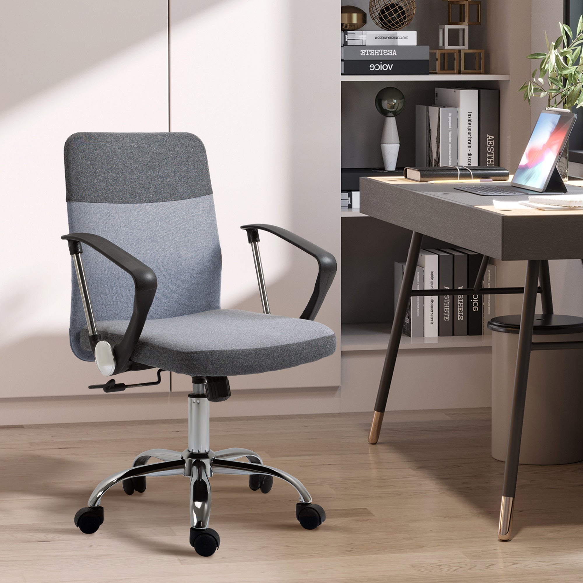 Vinsetto Office Chair Linen Fabric Swivel Computer Desk Chair Home Study Adjustable Chair with Wheels, Grey - North Peak Garden Furniture
