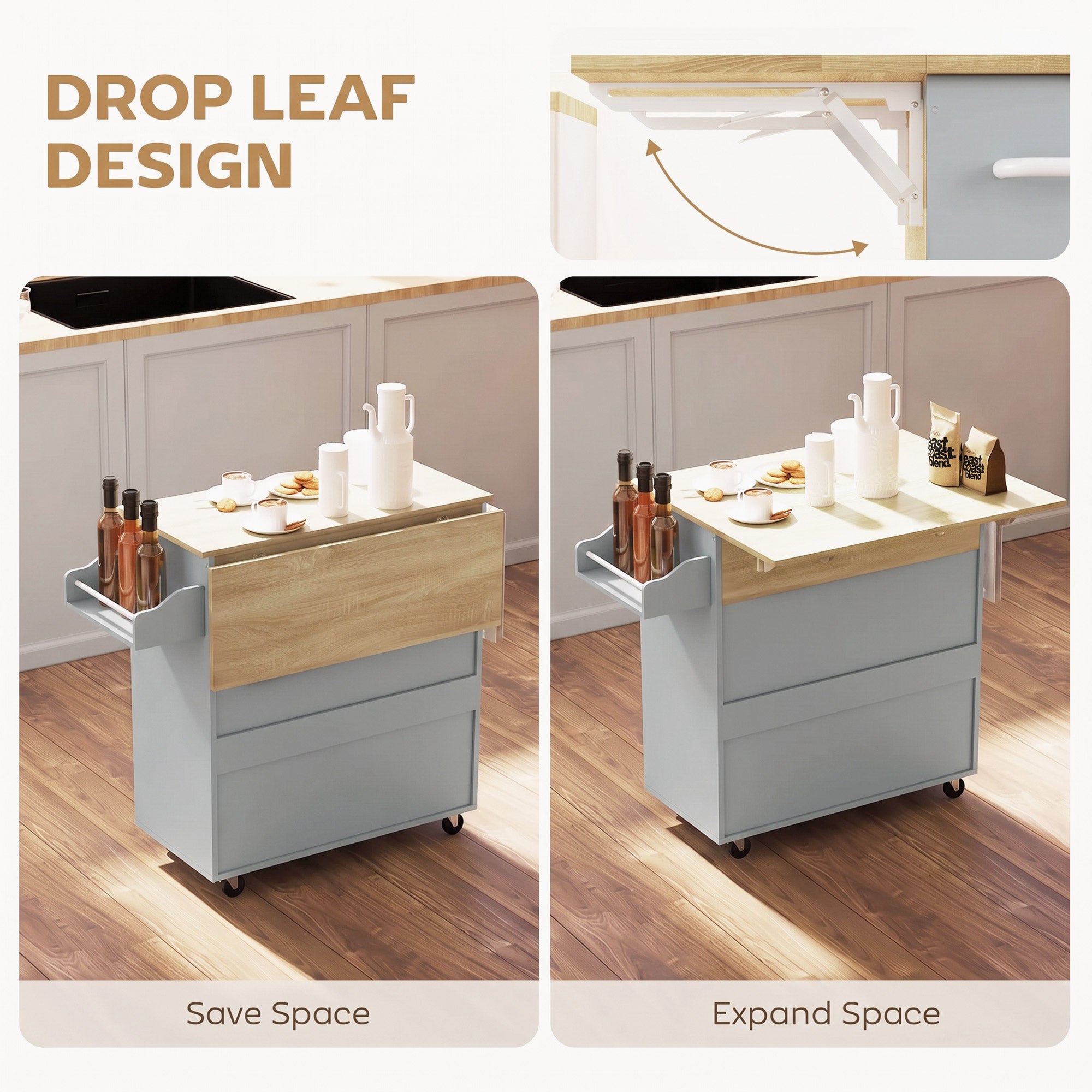HOMCOM Kitchen Island with Drop Leaf, Rolling Kitchen Storage Trolley on Wheels with Drawer, Spice Rack and Towel Rack, Grey