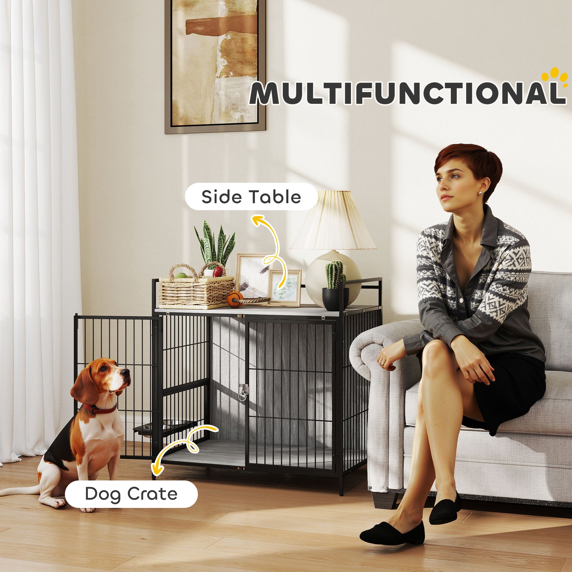 PawHut Dog Crate Furniture with Rotating Bowl Holder, 2 Bowls, 2 Doors, for Medium Dogs, 80 x 56 x 76.5 cm, Grey - North Peak Garden Furniture