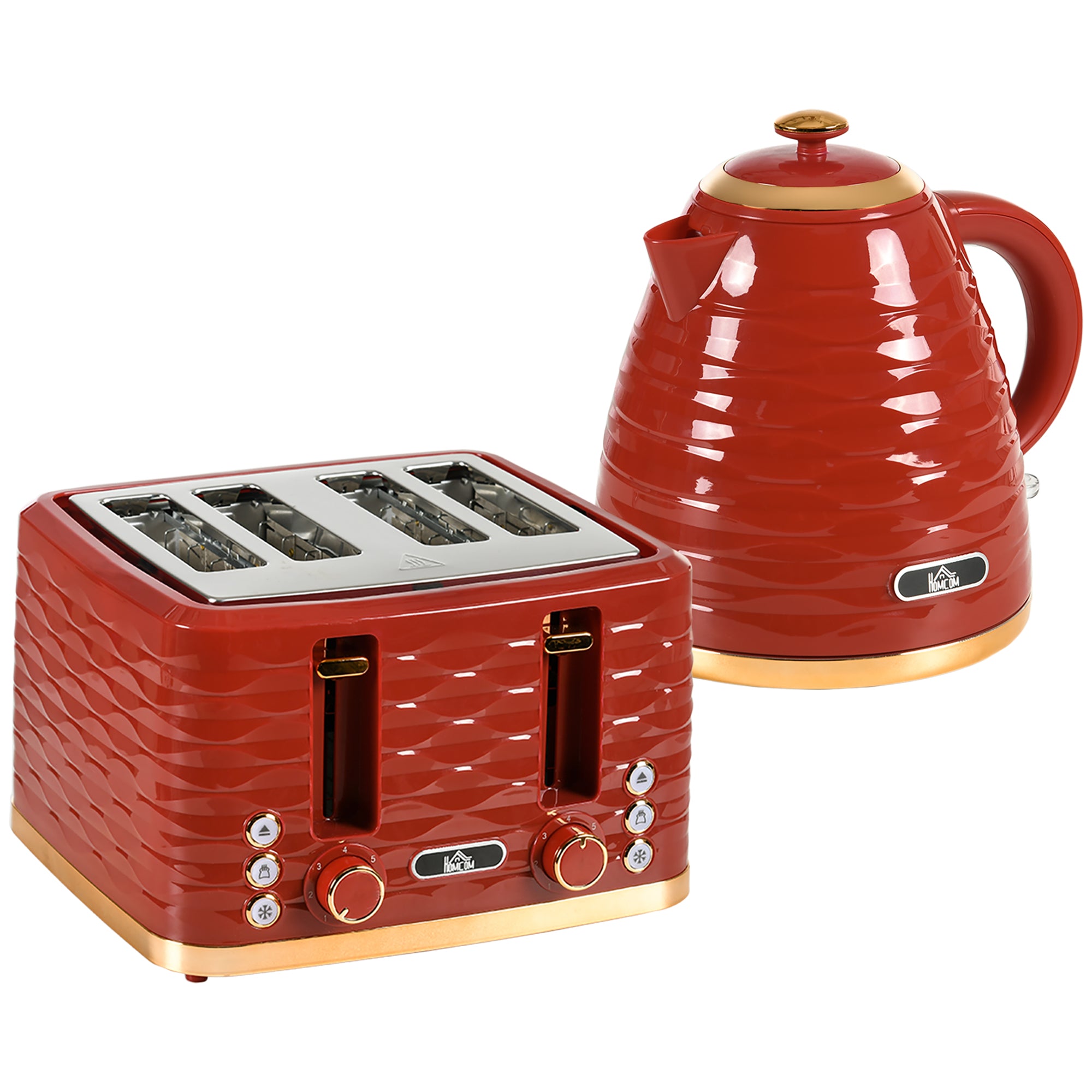 HOMCOM 3000W 1.7L Rapid Boil Kettle & 4 Slice Toaster, Kettle and Toaster Set with 7 Browning Controls and Crumb Tray, Red - North Peak Garden Furniture