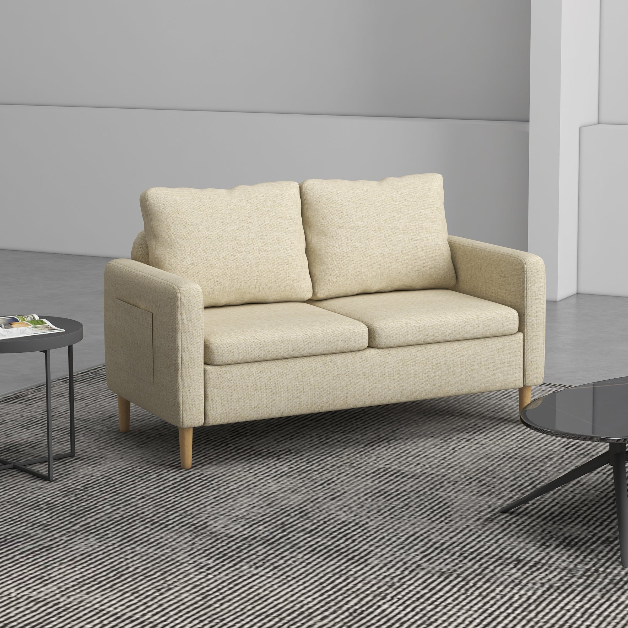 HOMCOM Two Seater Sofa for Living Room, Modern Fabric Couch with Wood Legs and 2 Pockets for Bedroom and Home Office, Beige - North Peak Garden Furniture