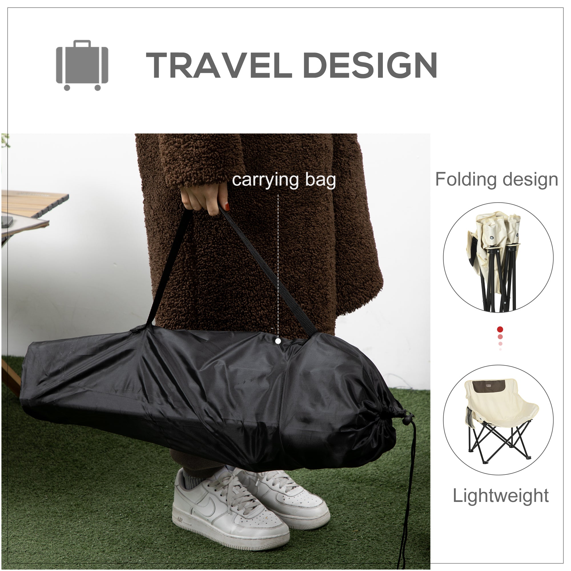 Outsunny Camping Chair, Lightweight Folding Chair with Carrying Bag and Storage Pocket, Perfect for Festivals, Fishing, Beach and Hiking, White - North Peak Garden Furniture