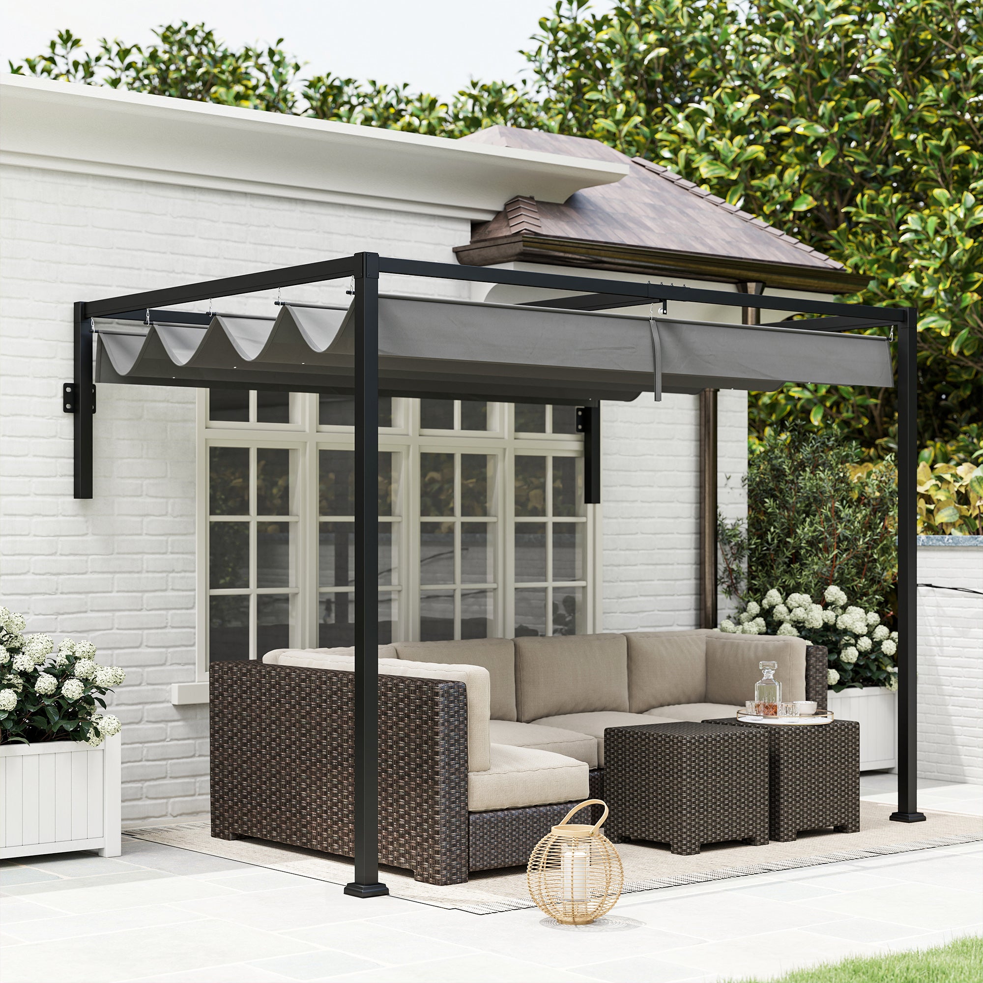 Outsunny 2 x 3(m) Lean To Pergola, Metal Pergola with Retractable Roof for Grill, Garden, Patio, Deck