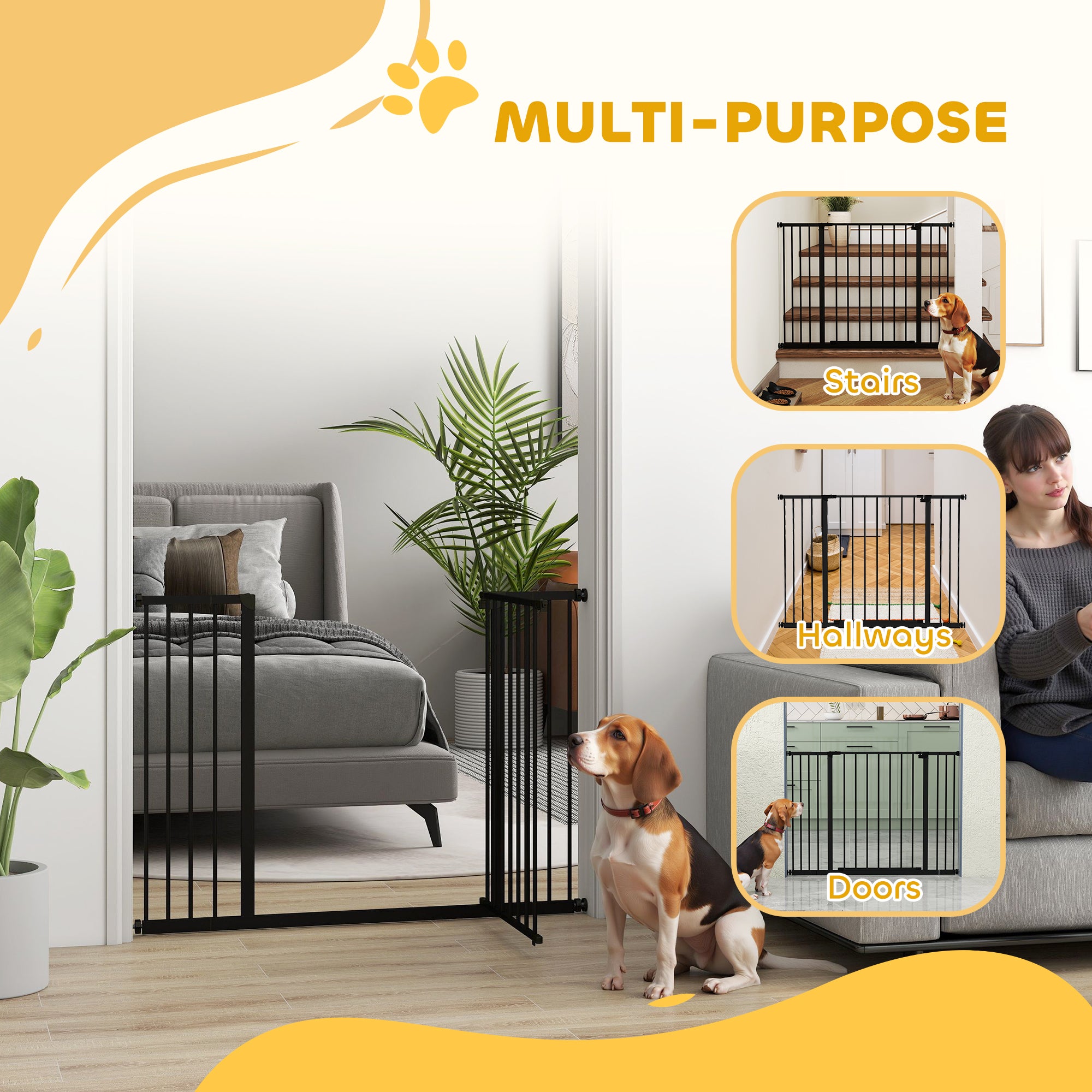 PawHut Dog Gate Pet Safety Gate Stair Barrier Pressure Fit Adjustable 76-82/86-97/101-107 cm, Black - North Peak Garden Furniture