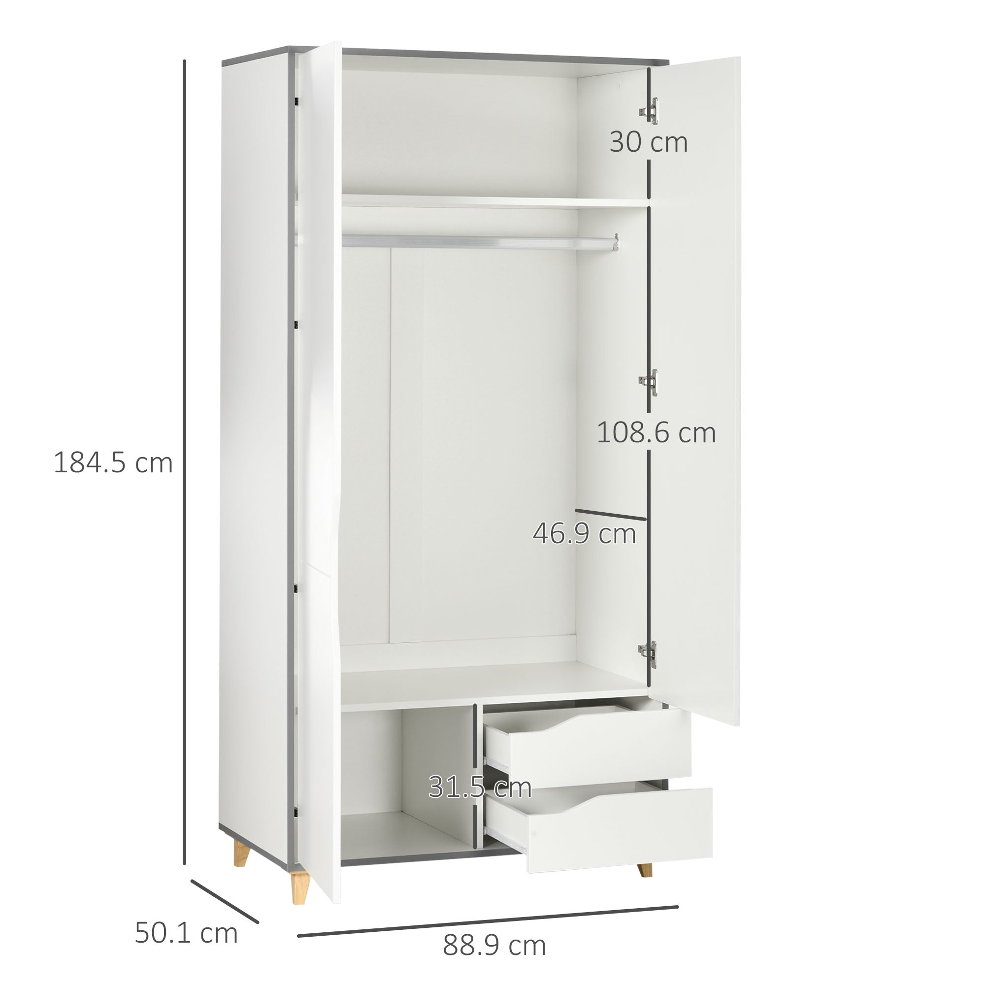 HOMCOM Wardrobe with 2 Doors, 2 Drawers, Hanging Rail, Shelves for Bedroom Clothes Storage Organiser, 89x50x185cm, White - North Peak Garden Furniture