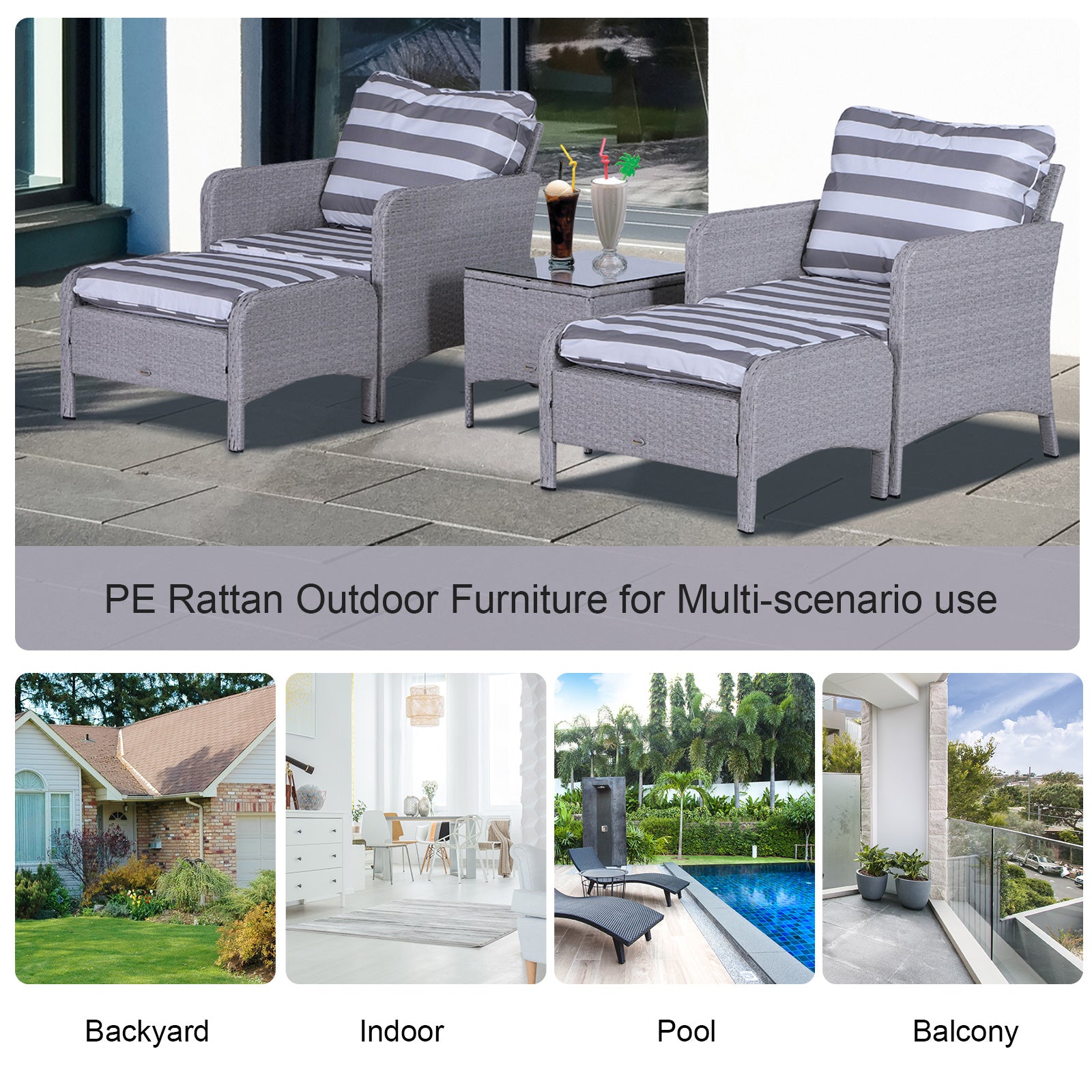 Outsunny 5 Pieces PE Rattan Garden Furniture Set with 10cm Thick Padded Cushions, Wicker Weave Outdoor Seating Chairs with 2 Armchairs, 2 Stools, Glass Top Table, Grey and White