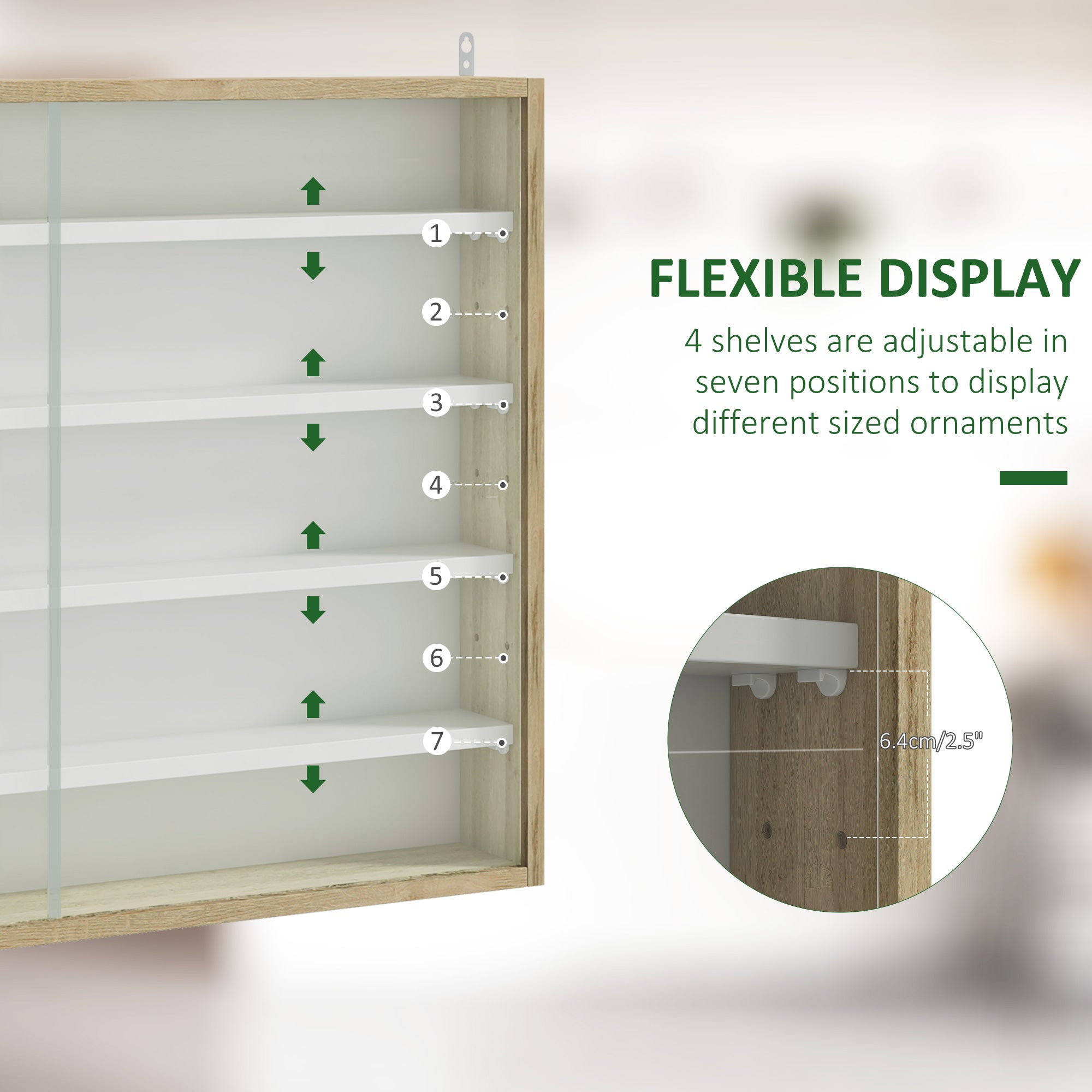 HOMCOM 5-Tier Wall Display Shelf Unit Cabinet w/ 4 Adjustable Shelves Glass Doors Home Office Ornaments 60x80cm Natural - North Peak Garden Furniture