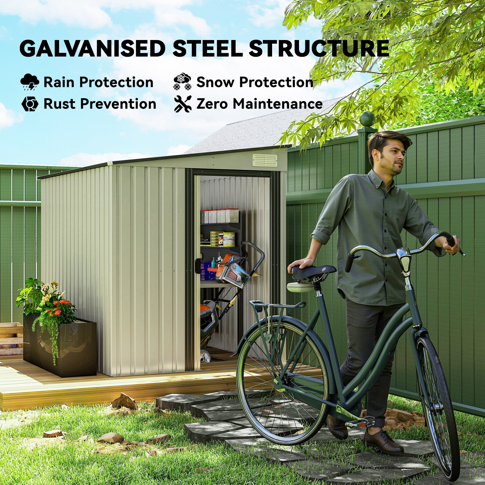 Outsunny 7 x 5ft Galvanised Metal Shed, with Sliding Door, White