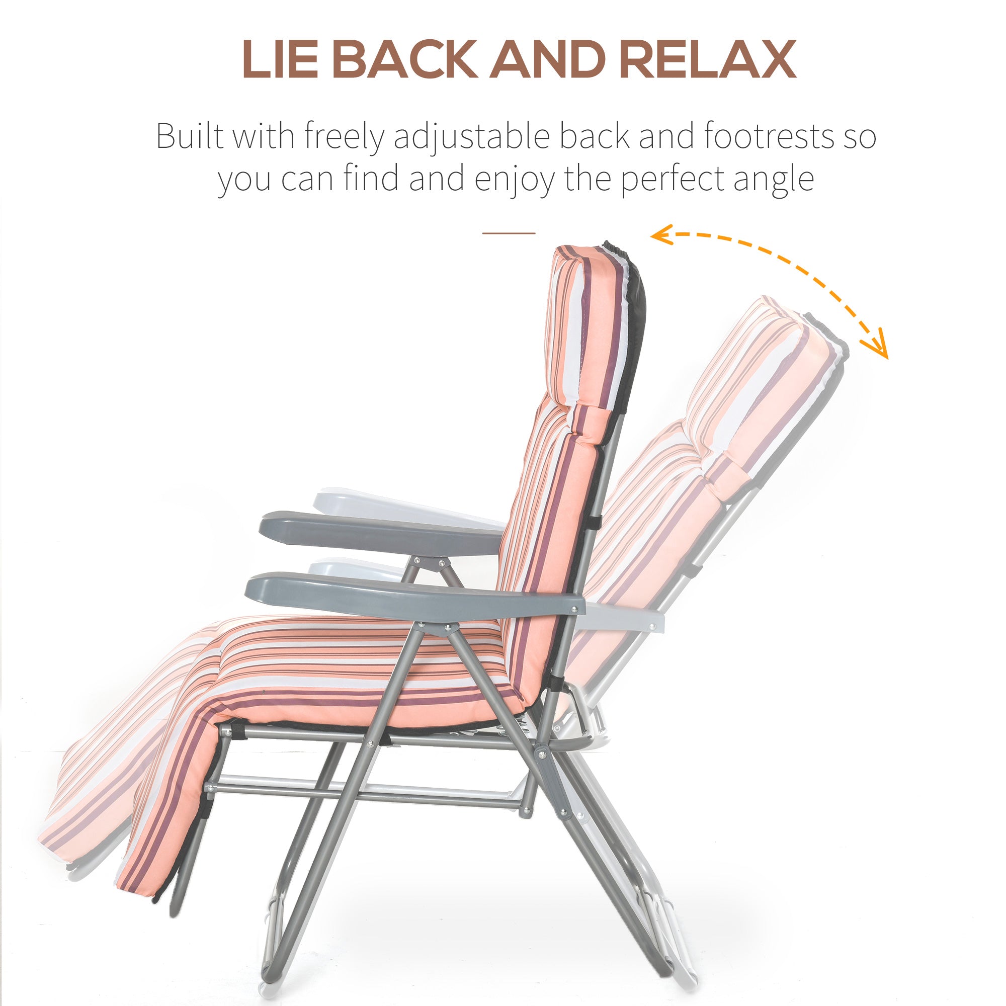 Outsunny Set of 2 Garden Sun Lounger Outdoor Reclining Seat Cushioned Seat Foldable Adjustable Recliner Orange and White - North Peak Garden Furniture