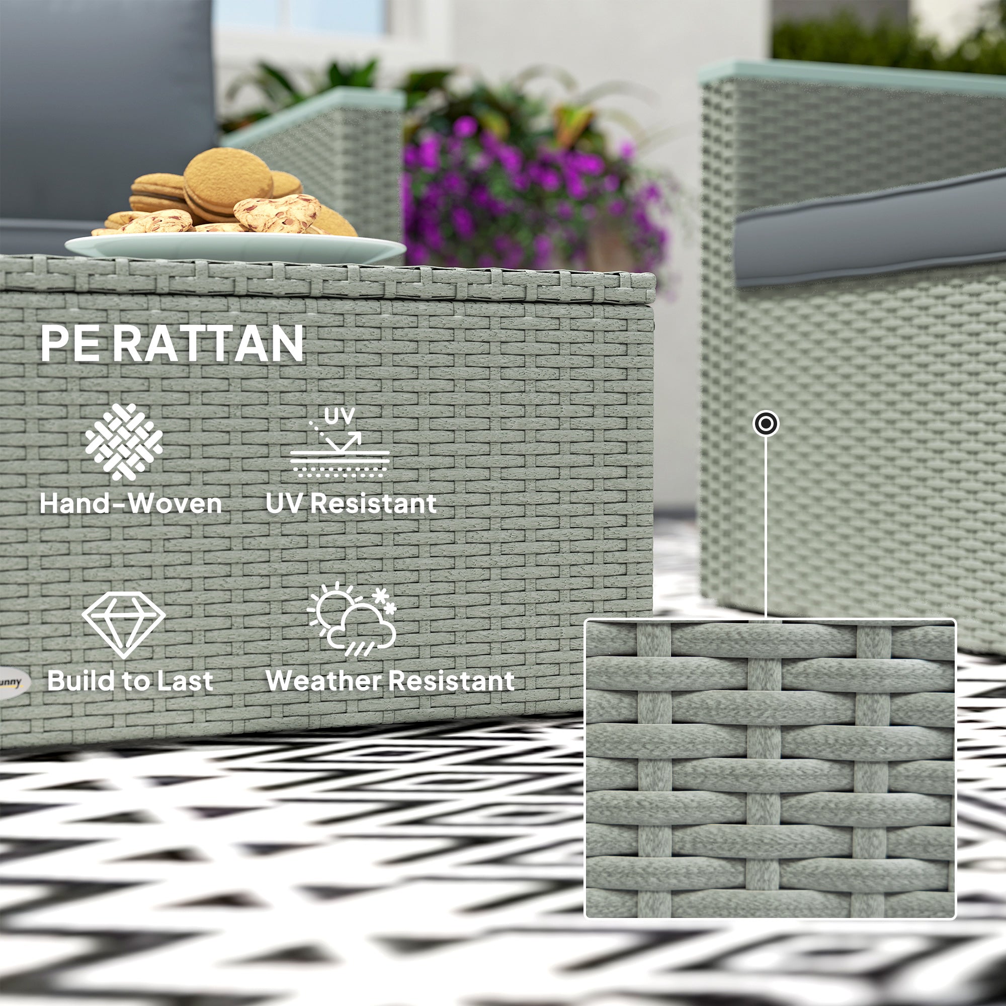 Outsunny 4 Piece Rattan Garden Furniture Set, 4 Seater Wicker Outdoor Sofa Set with 2 Armchairs, Loveseat, Acacia Wood Top Coffee Table, Cushions, Patio Conservatory Set for Balcony, Light Grey - North Peak Garden Furniture