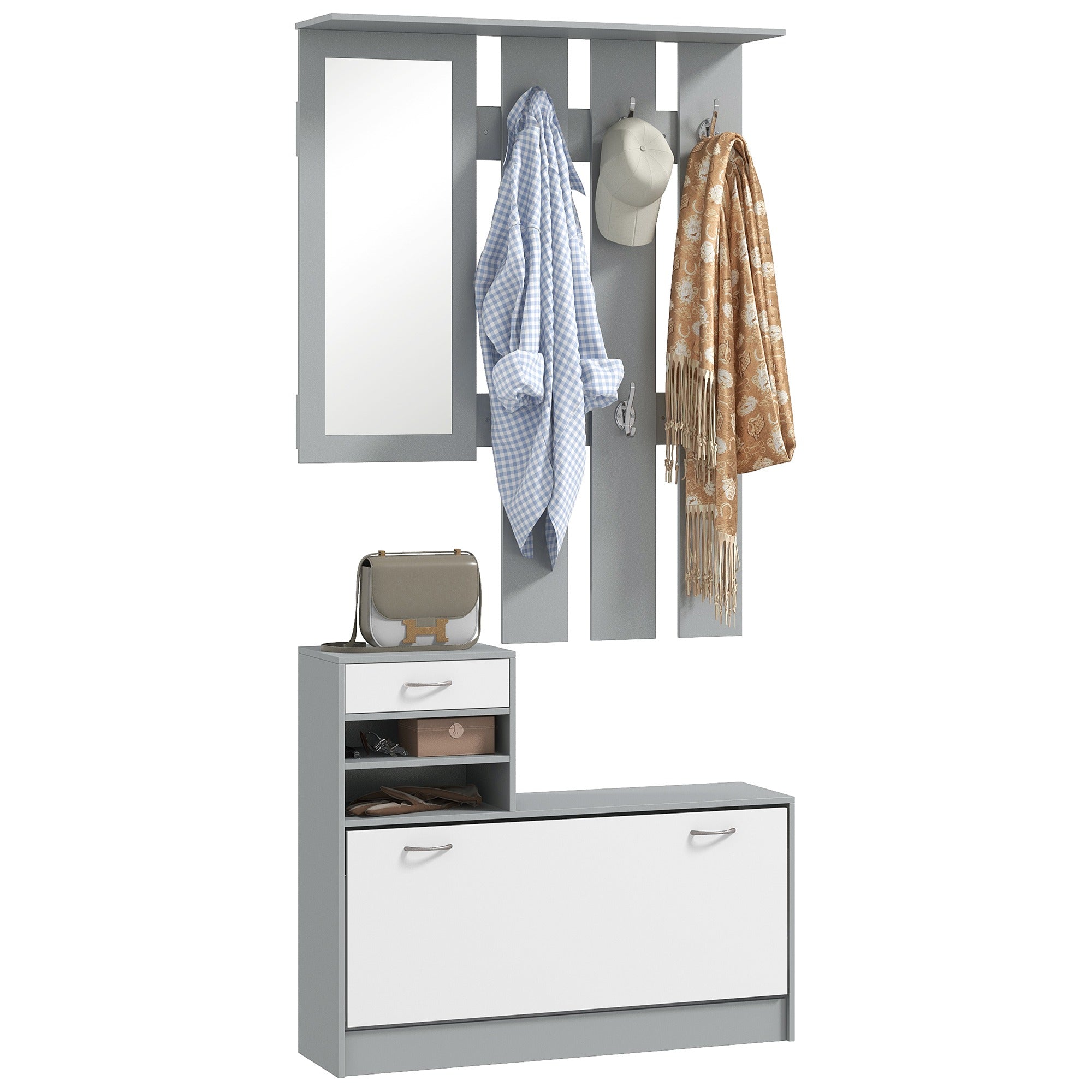 HOMCOM Three-in-One Hallway Storage Set - Grey/White - North Peak Garden Furniture