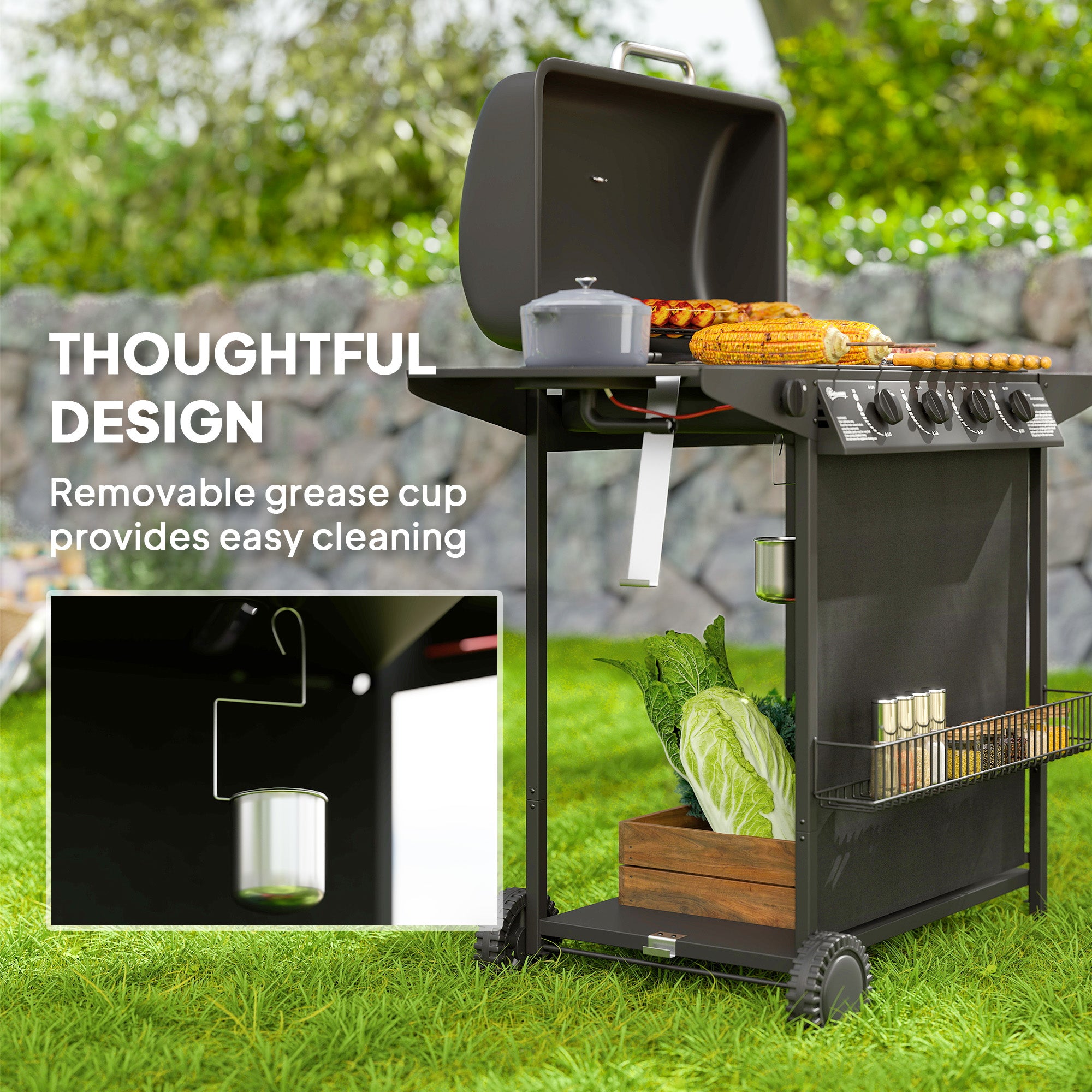 Outsunny 4+1 Burner Gas BBQ Grill, Portable Gas Barbecue Grill with Built-in Thermometer, Lid, Side Table, Shelf, Spice Rack, Wheels, Grease Cup for Garden Party Outdoor Cooking, Black - North Peak Garden Furniture