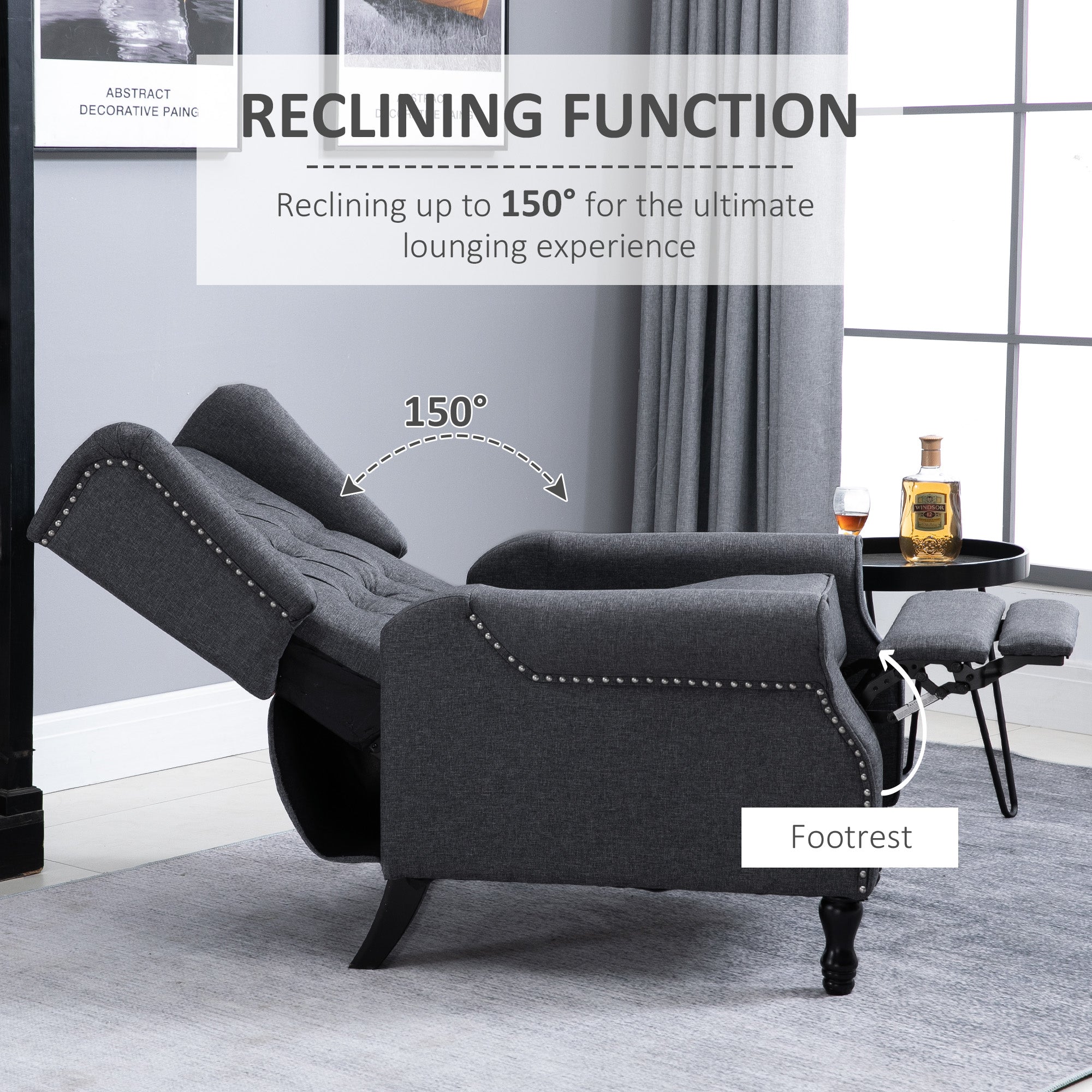 HOMCOM Recliner Armchair, Vintage Reclining Chair with Nail Head Trim, Wingback Chair with Button Tufted Back and Footrest, for Living Room, Dark Grey - North Peak Garden Furniture