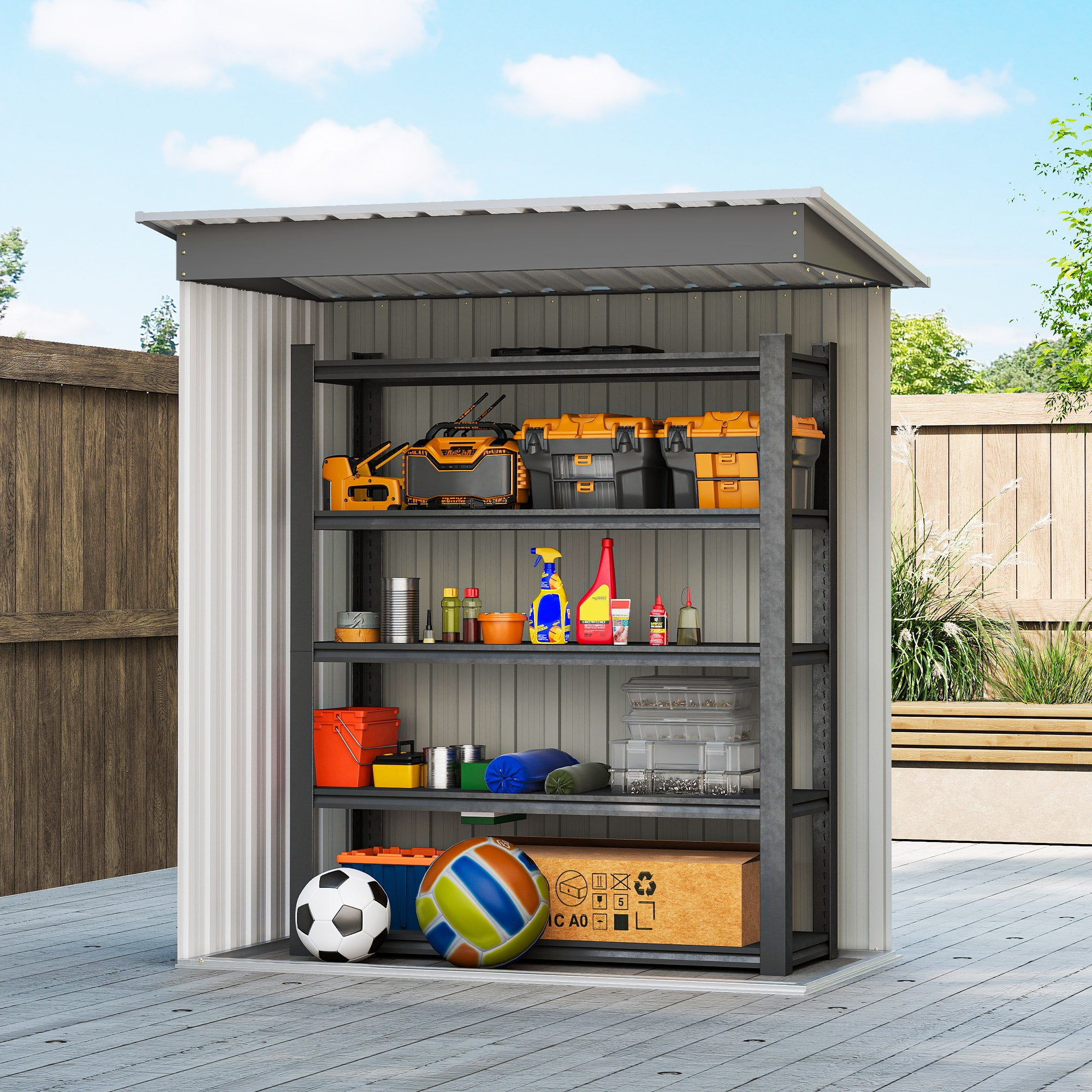Outsunny 5 x 3ft Garden Storage Shed with Sliding Door and Sloped Roof Outdoor Equipment Tool, Light Grey