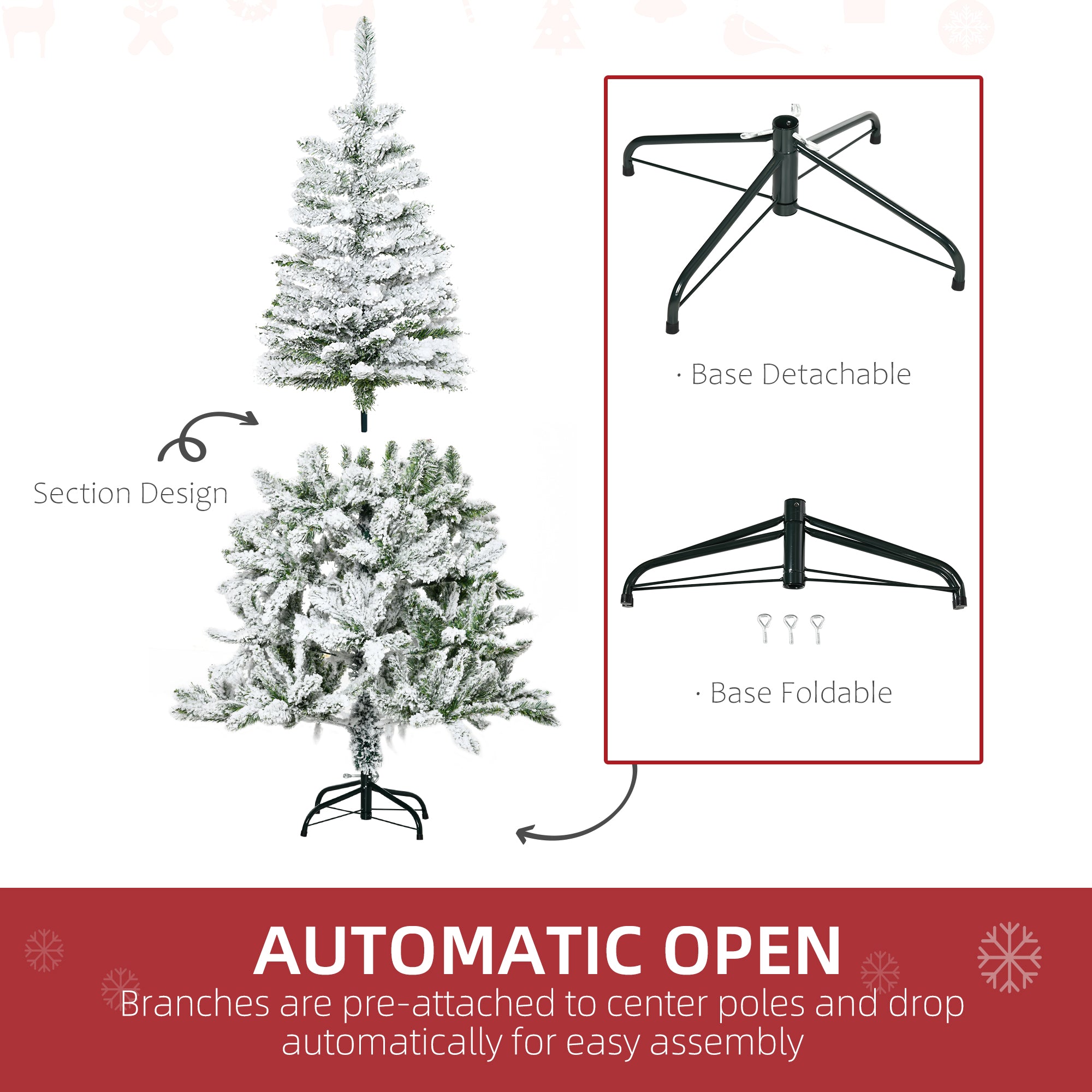 HOMCOM 5 Ft Snow Flocked Artificial Christmas Tree Xmas Pine Tree with Realistic Branches, Auto Open and Steel Base, Green - North Peak Garden Furniture