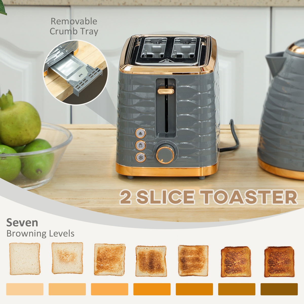 HOMCOM 3000W 1.7L Rapid Boil Kettle & 2 Slice Toaster, Kettle and Toaster Set with 7 Browning Controls and Crumb Tray, Grey