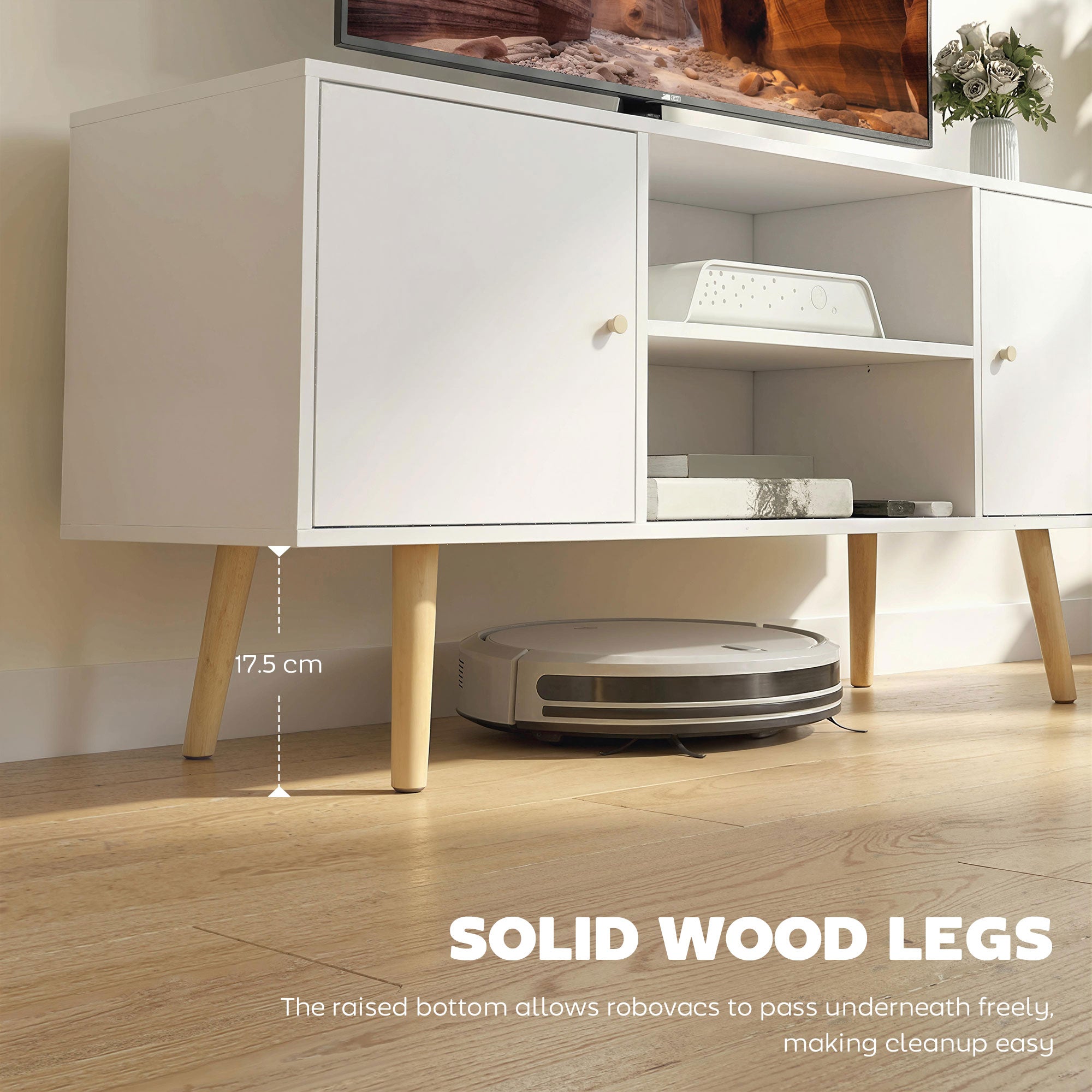 HOMCOM TV Unit Cabinet for TVs up to 55 Inches, TV Stand with Storage Shelves and Wood Legs for Living Room, White