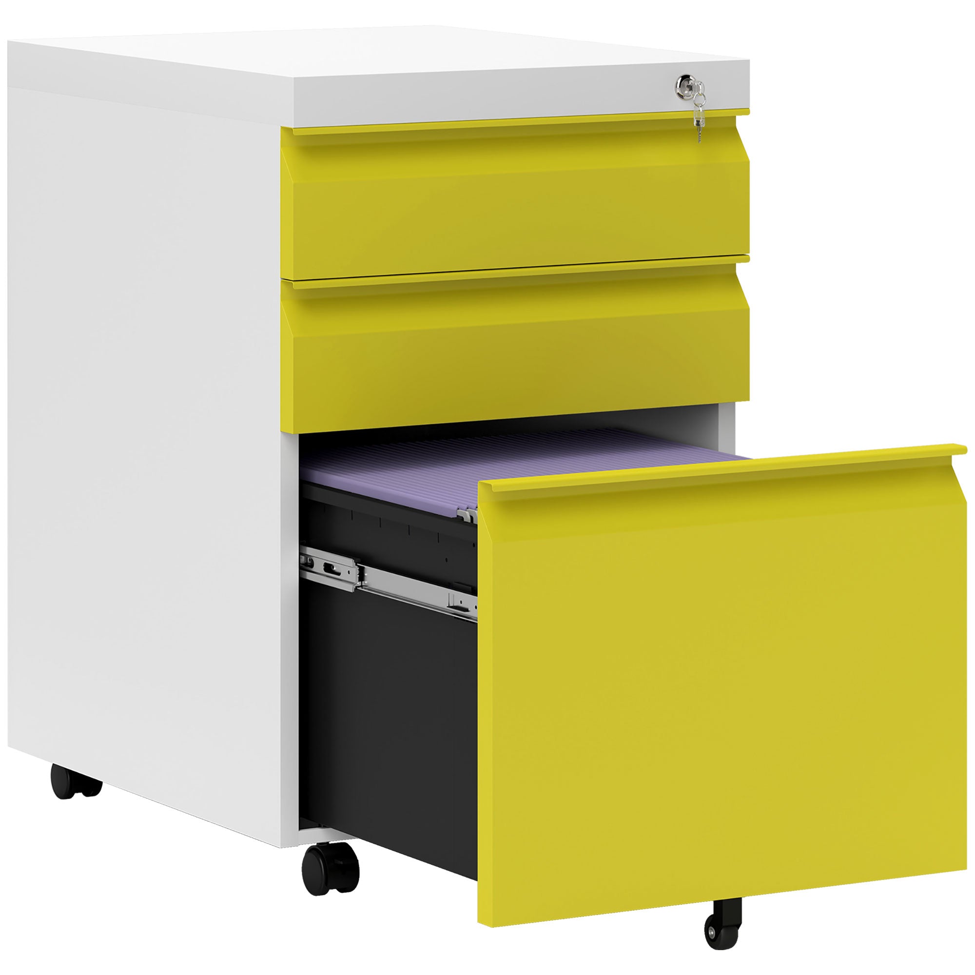Vinsetto 3 Drawer Filling Cabinet, Mobile Metal File Cabinet with Anti-tilt Design for Letter, A4, Legal Size, Yellow - North Peak Garden Furniture