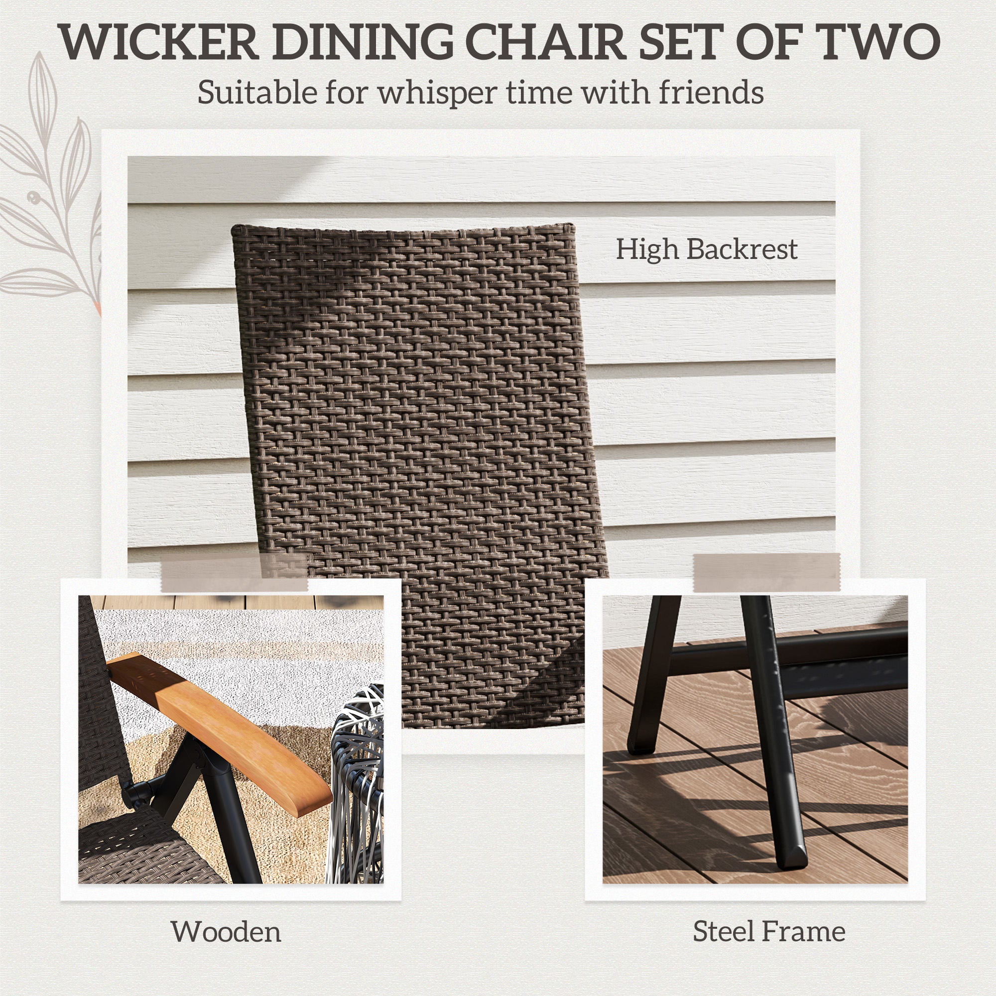 Outsunny 2 Pieces Outdoor Foldable Dining Chair with Armrests, High Backrest, for Garden, Camping, Balcony, Brown - North Peak Garden Furniture