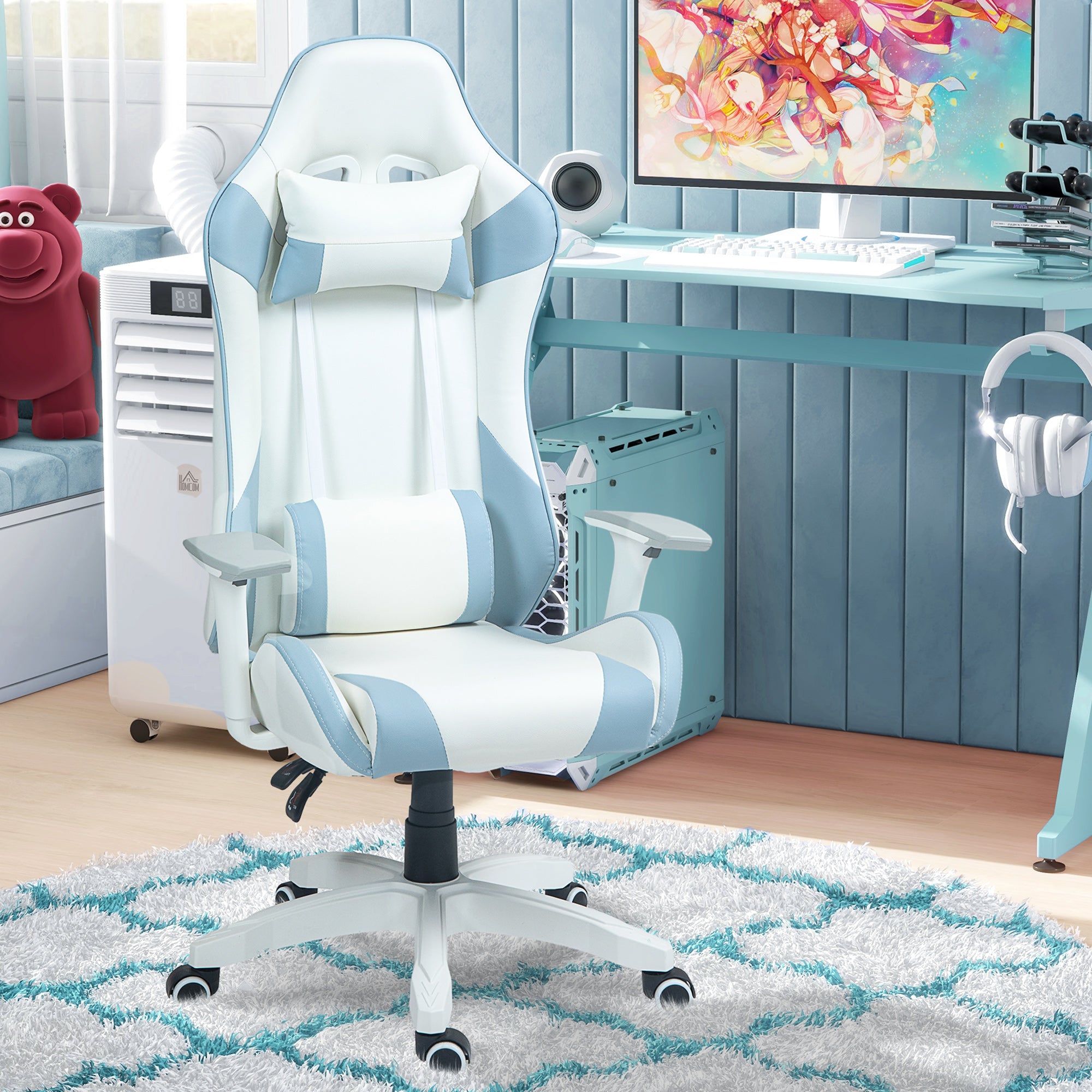 HOMCOM Faux Leather Colour Block Gaming Chair, with 135° Reclining Back - Blue/White - North Peak Garden Furniture