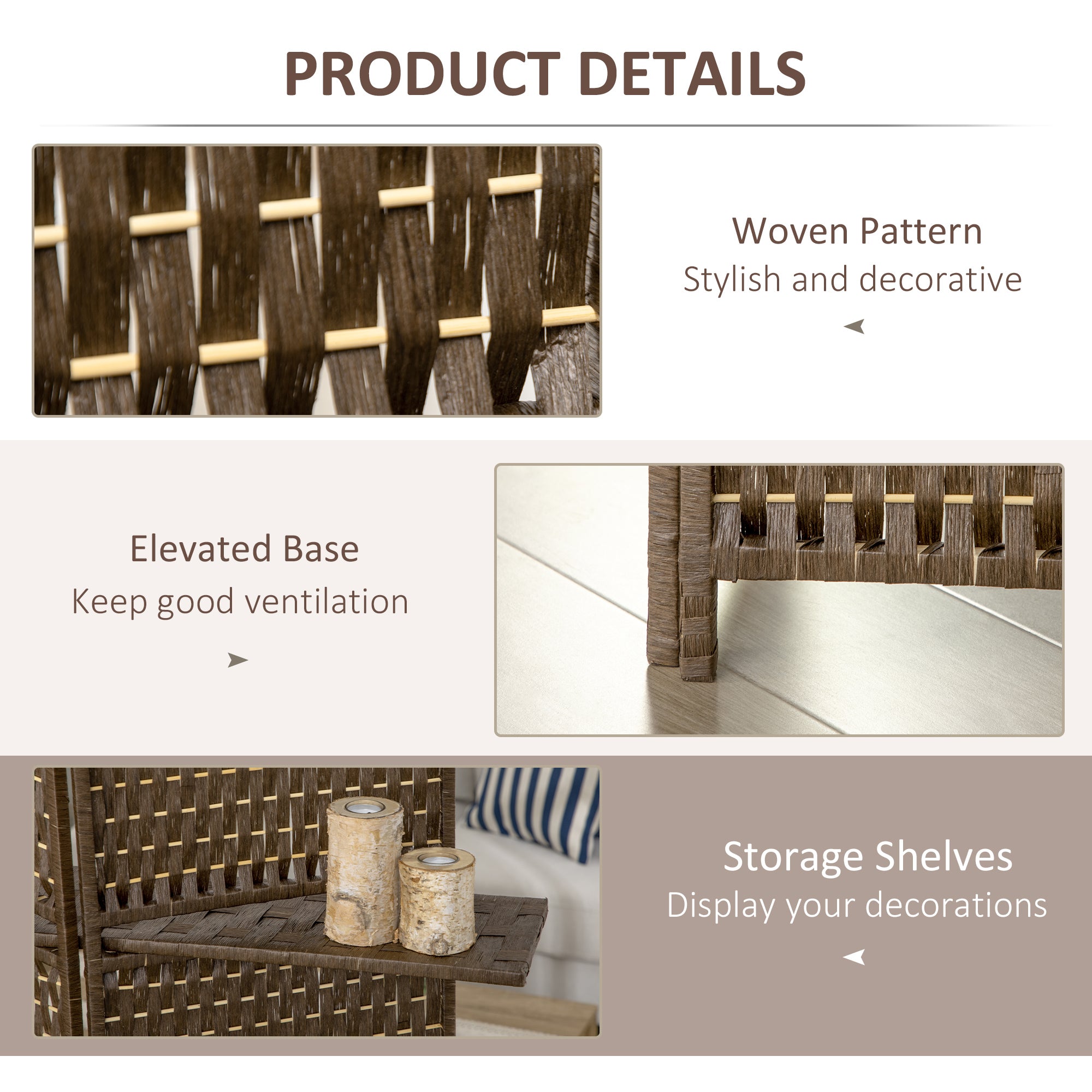 HOMCOM 4-Panel Room Dividers with Shelves, Wave Fibre Freestanding Folding Privacy Screen Panels, Partition Wall Divider for Indoor Bedroom Office, 180 cm, Brown - North Peak Garden Furniture
