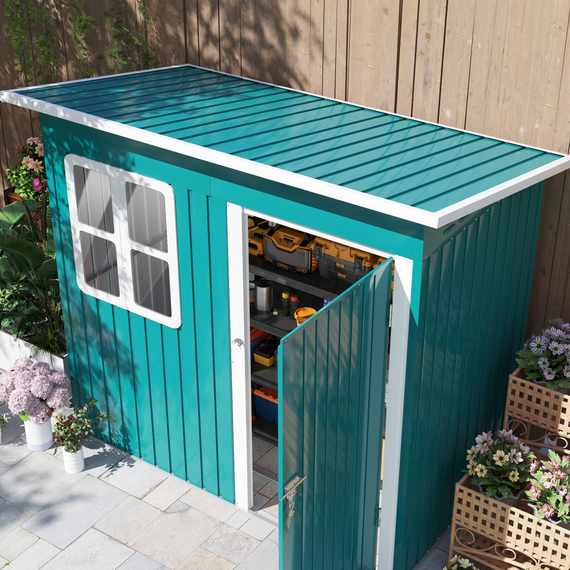 Outsunny 7 x 4ft Galvanised Steel Garden Shed, with Lock and Gloves - Green - North Peak Garden Furniture