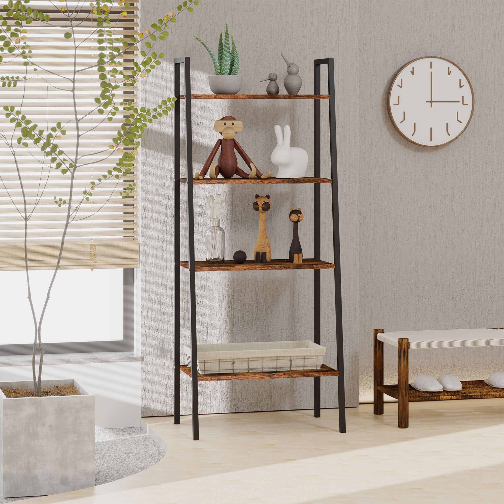 HOMCOM 4-Tier Vintage Ladder Shelf Bookcase Wood Storage Rack Stand Plants Display Black Brown