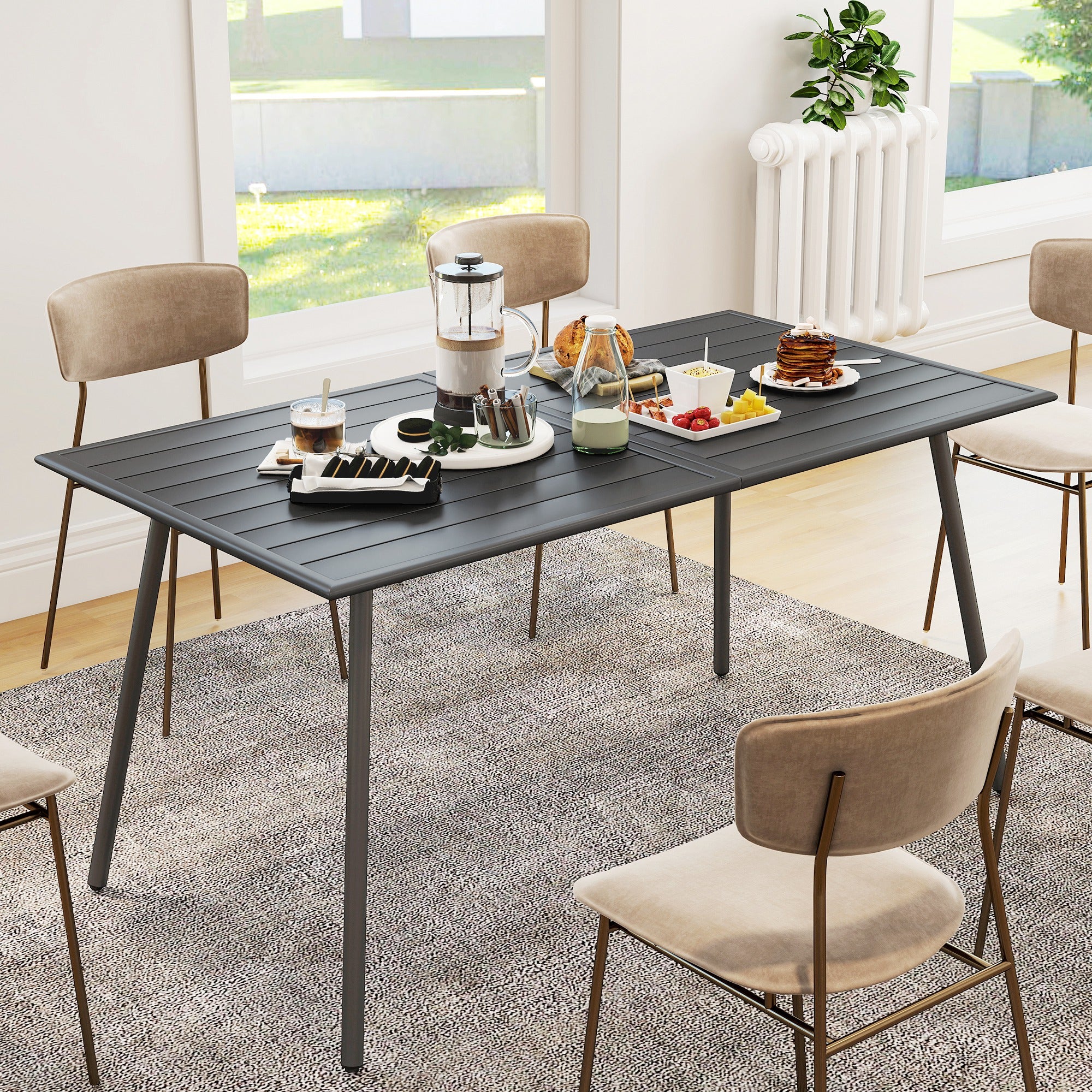 Outsunny Rectangle Garden Table with Slat Top, Steel Frame, Outdoor Table for 6 Person, 150 x 80 x 74 cm, Grey - North Peak Garden Furniture