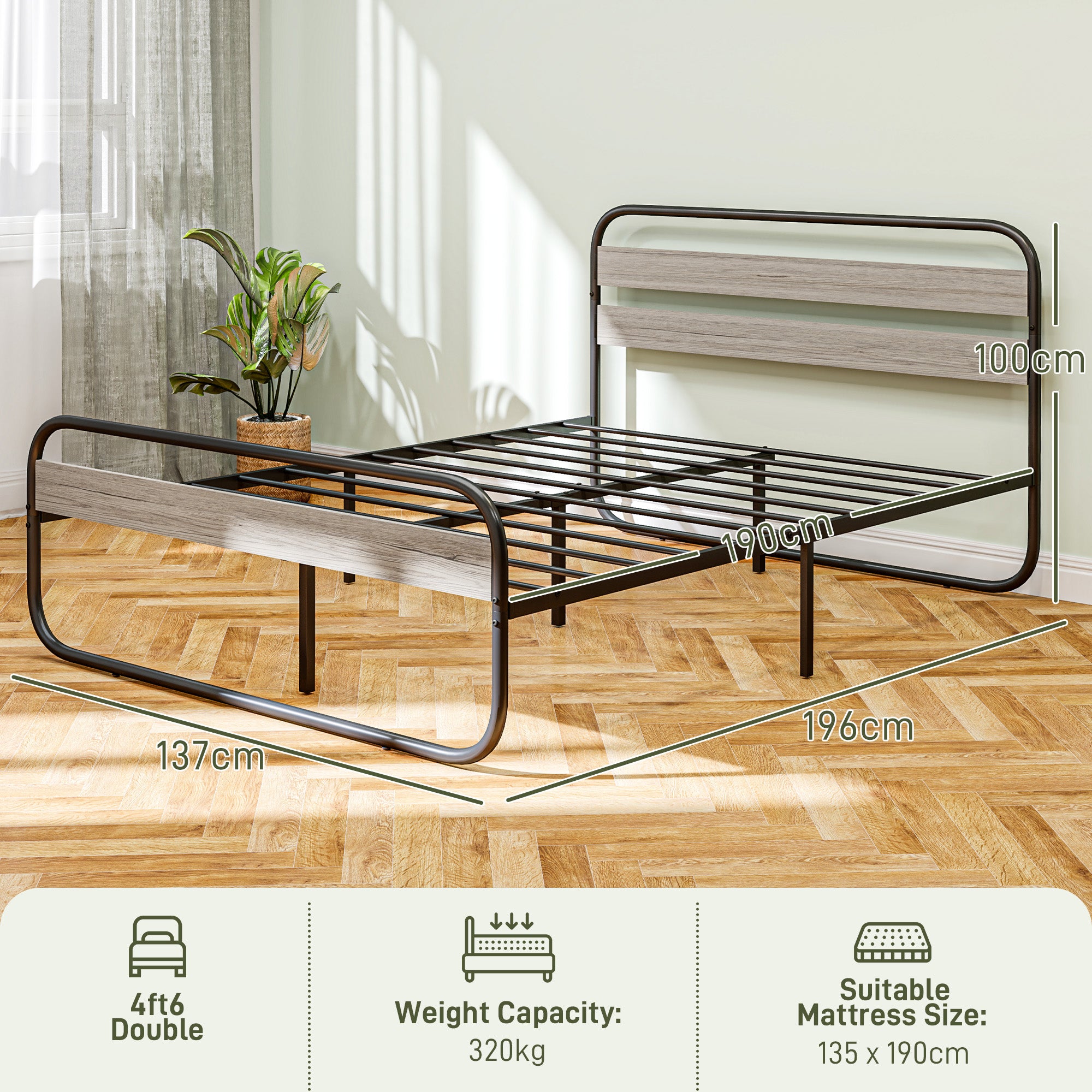 HOMCOM 4ft6 Double Bed Frame, Industrial Style Metal Platform Bed Frame with Under Bed Storage, No Box Spring Needed, Easy Assembly, Grey - North Peak Garden Furniture
