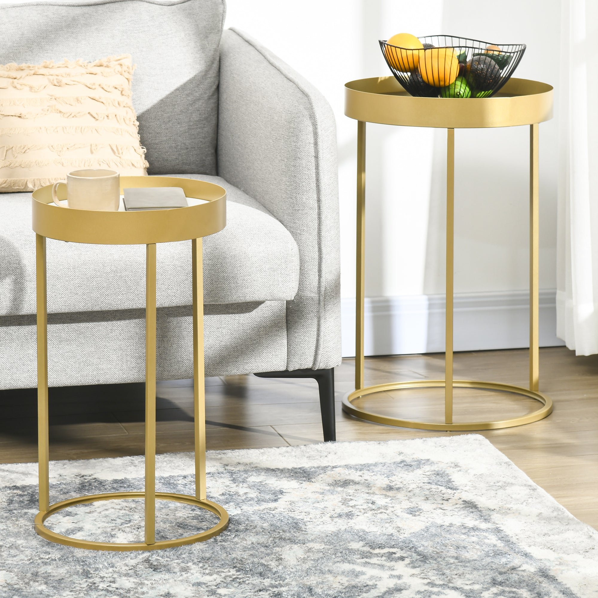 HOMCOM Nest of Tables, Round Coffee Table Set of 2, Nesting Tables with Embedded Tabletop and Metal Frame, Gold Side Table for Living Room, Bedroom - North Peak Garden Furniture