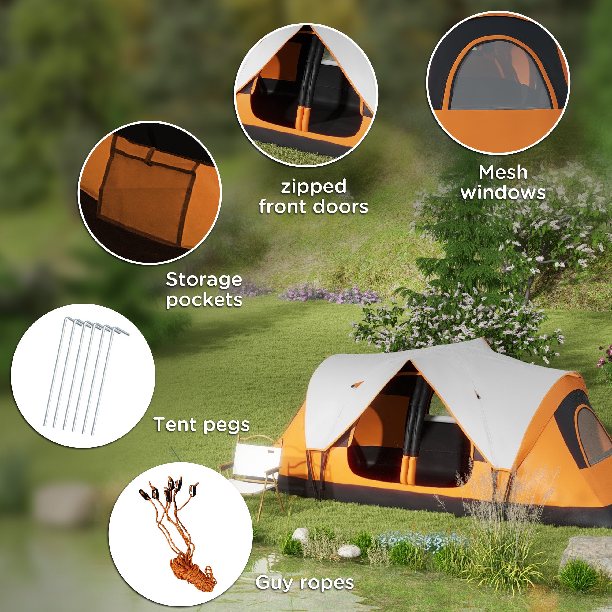 Outsunny Six-Man Tent, with Two Rooms, Small Rainfly and Accessories - Orange - North Peak Garden Furniture