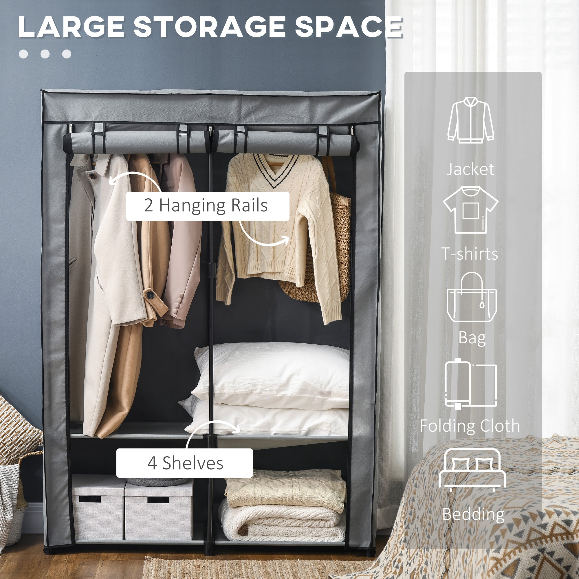 HOMCOM Steel Frame Fabric Wardrobe, with Rail and Shelves - Light Grey - North Peak Garden Furniture