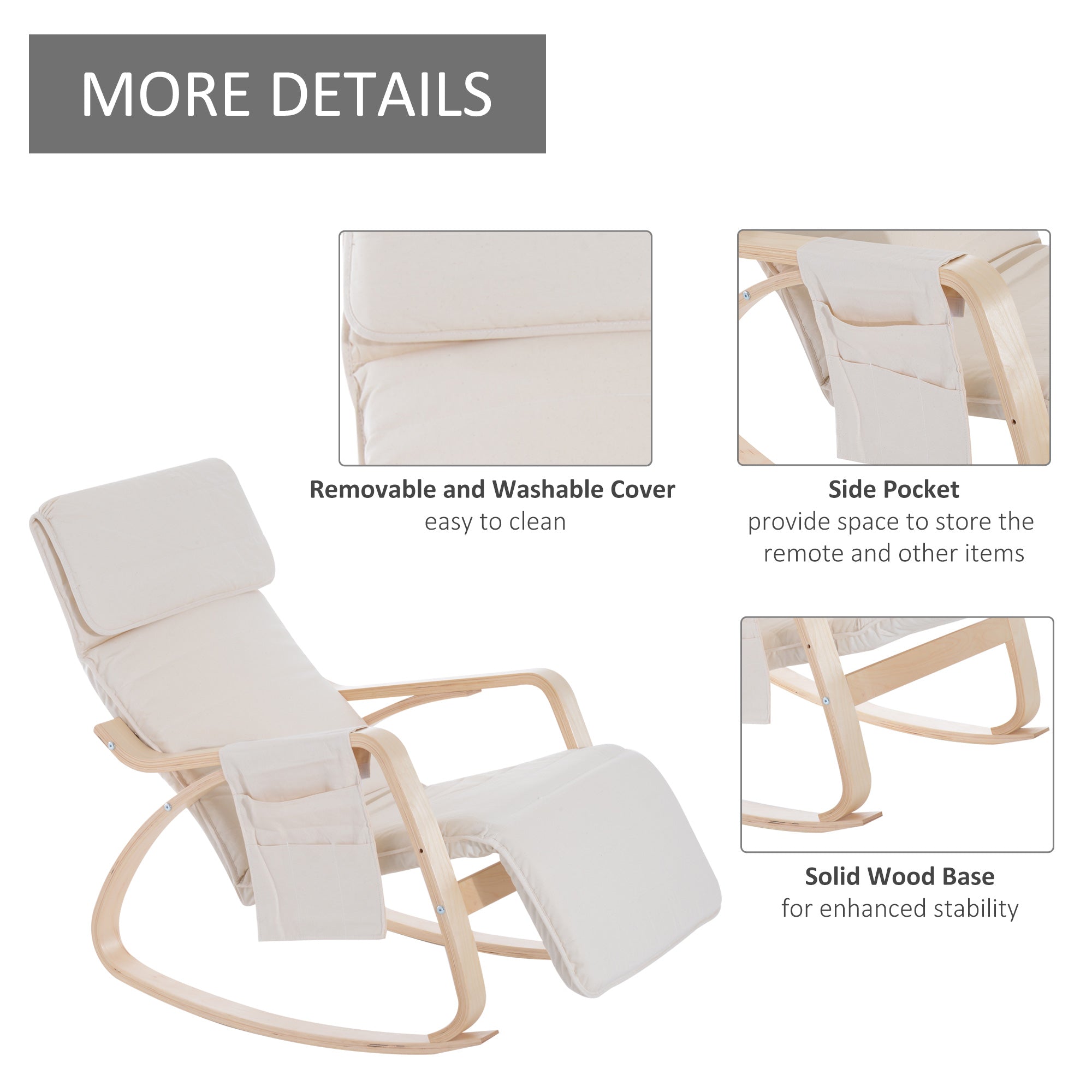 HOMCOM Rocking Lounge Chair Recliner Relaxation Lounging Relaxing Seat with Adjustable Footrest, Side Pocket and Pillow, Cream White - North Peak Garden Furniture