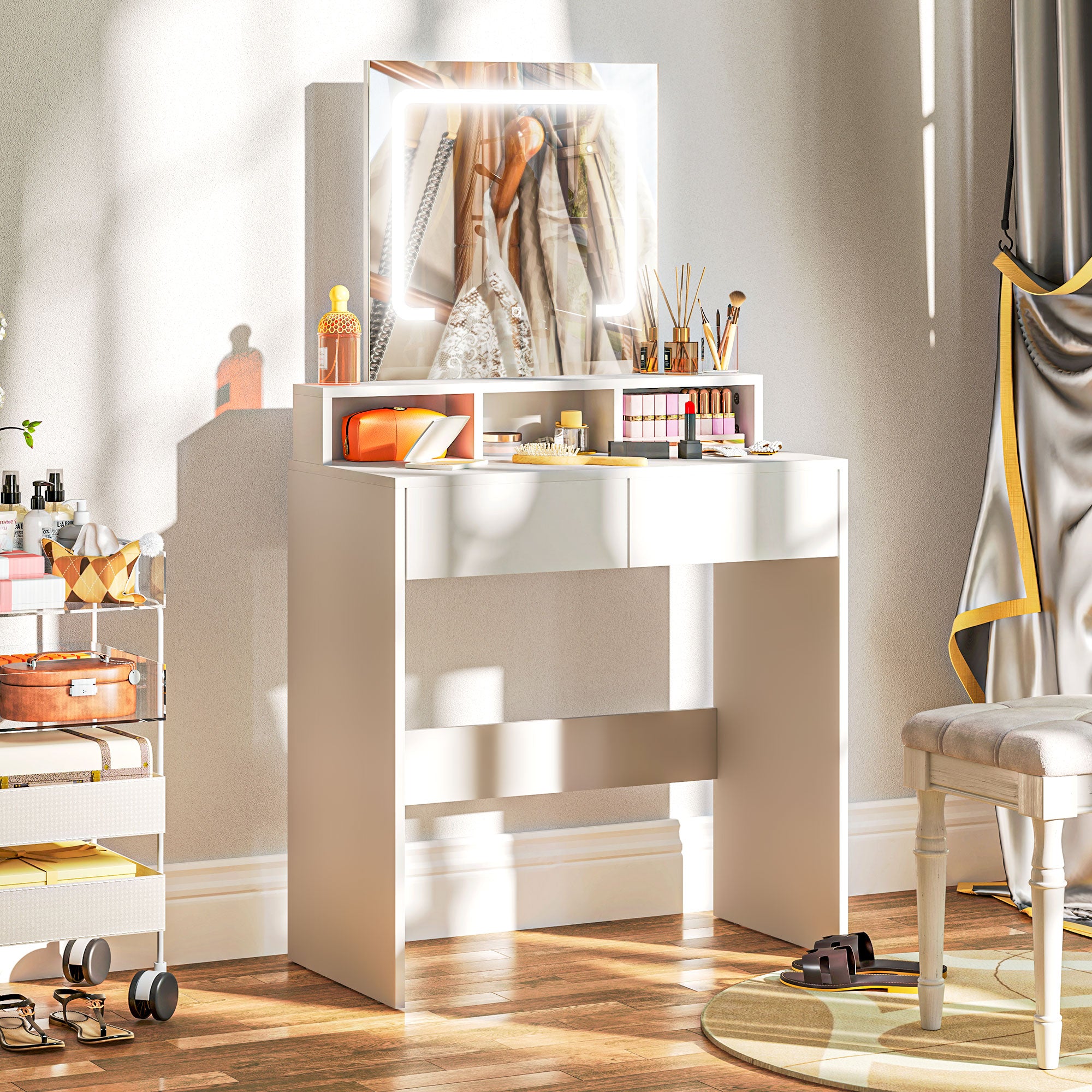 HOMCOM Dressing Table with Mirror and LED Lights, Vanity Table with 2 Drawers, 3 Compartments, 3 Colour Lighting, for Bedroom, Modern Dresser Makeup Desk for Women and Girls, White - North Peak Garden Furniture