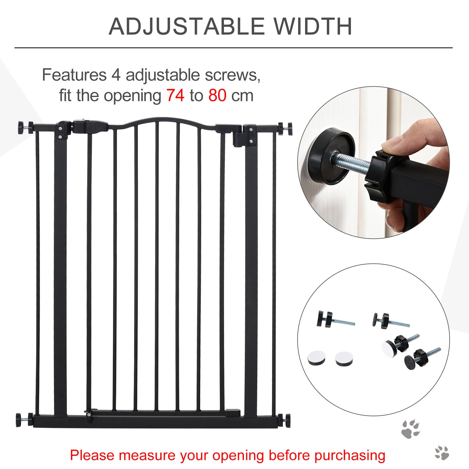 PawHut 74-84cm Adjustable Metal Pet Gate Safety Barrier w/ Auto-Close Door Double Locking Easy-Open Doors Stairs Home Frames Black