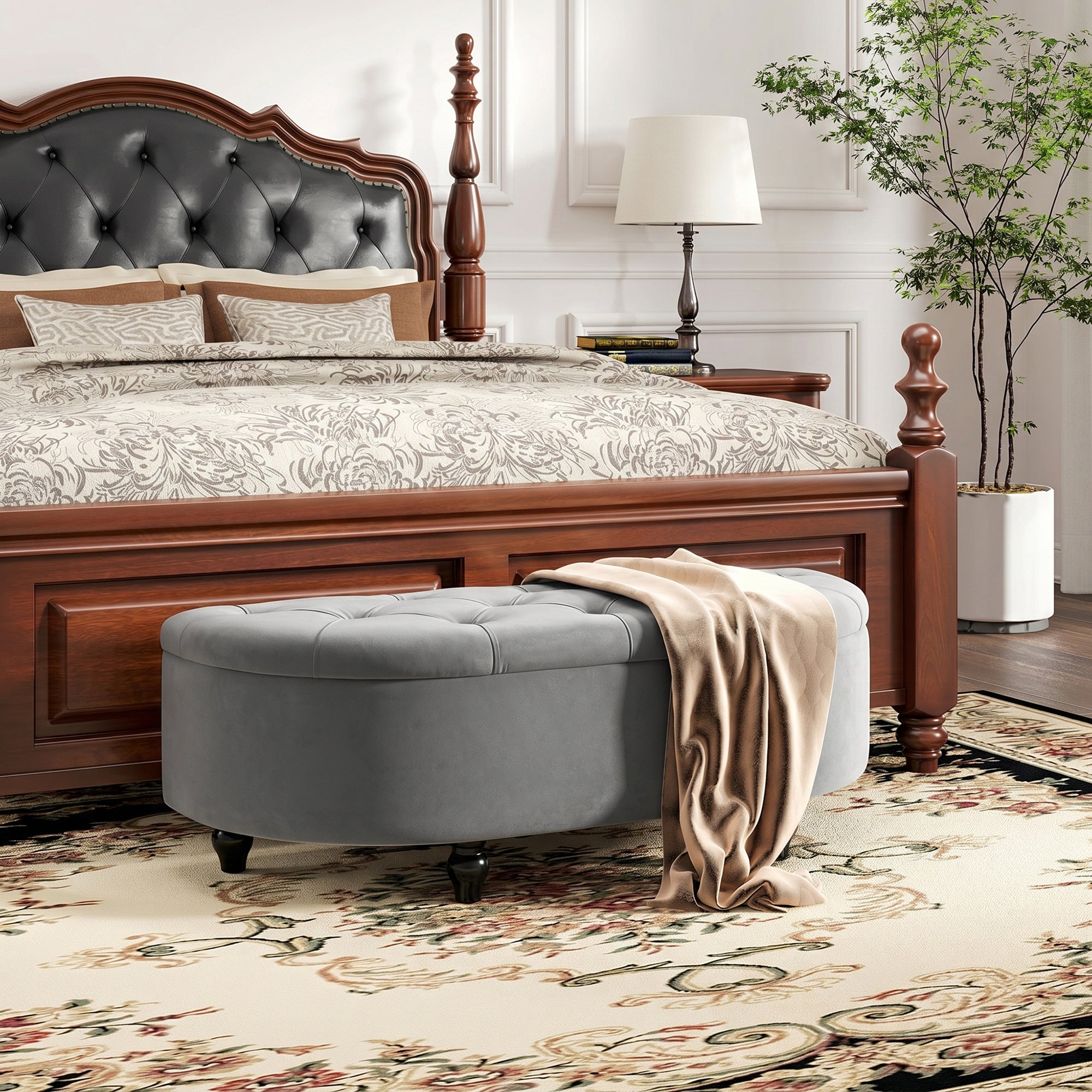 HOMCOM Velvet-Feel Half Circle Storage Ottoman - Dark Grey
