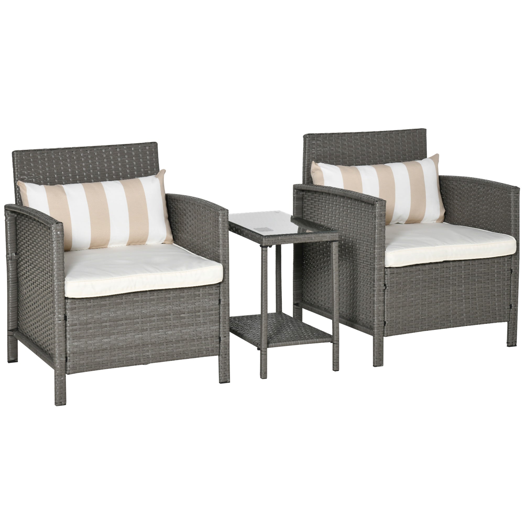 Outsunny 3 Pieces Rattan Bistro Set, Wicker Garden Furniture Set, Glass Top 2-tier Coffee Table and Chairs Set with Pillows and Washable Cushions for Outdoor, Patio, Balcony, Light Grey