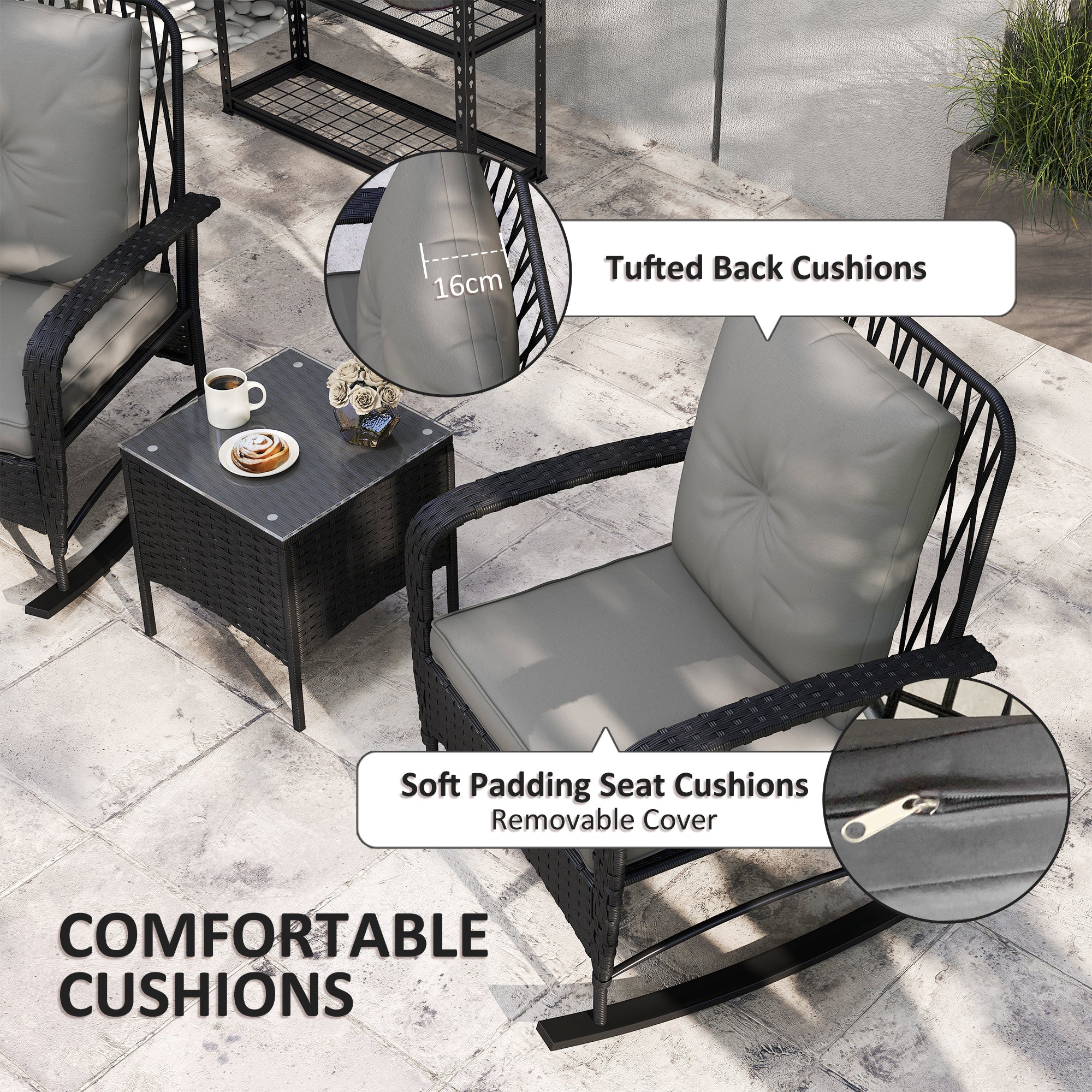Outsunny Three-Piece Rocking Chair Rattan Bistro Set - Black - North Peak Garden Furniture