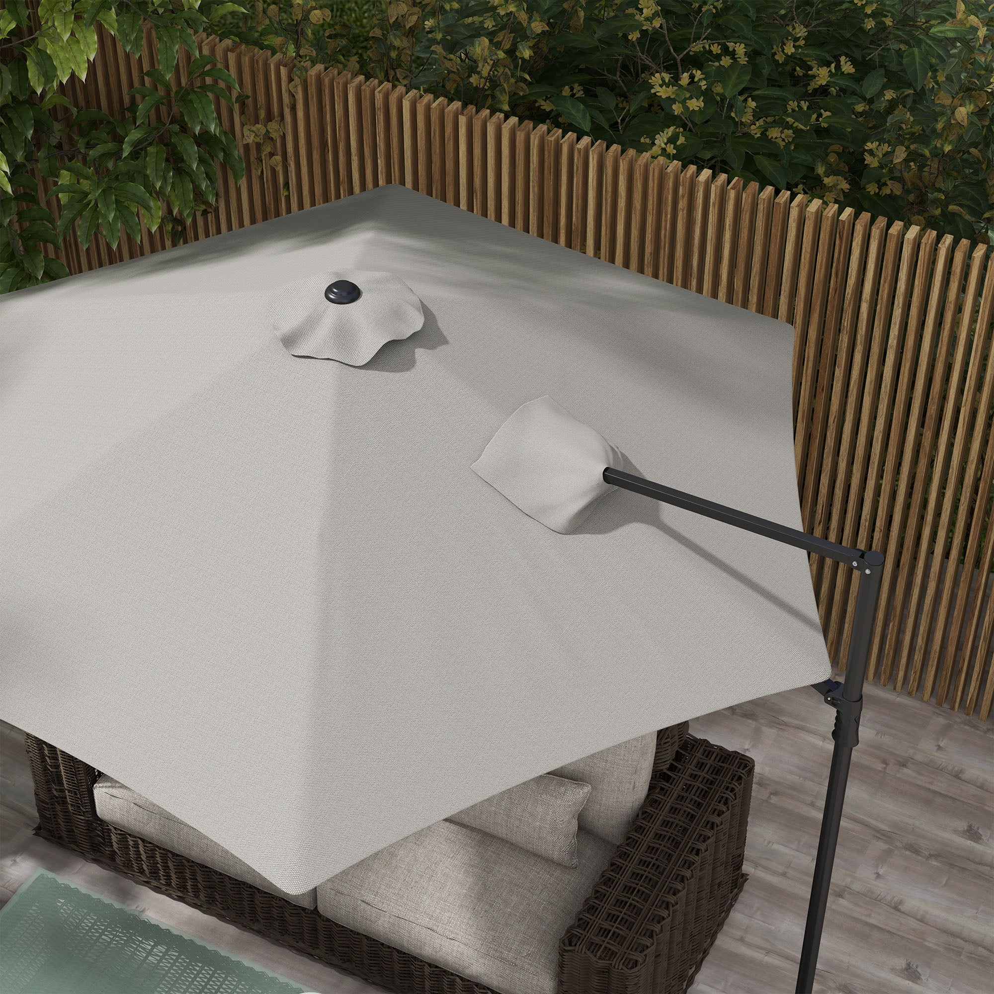 Outsunny 2.5M Garden Cantilever Parasol, Offset Roma Patio Umbrella Hanging Sun Shade Canopy Shelter with 360° Rotation and Cross Base, Light Grey - North Peak Garden Furniture