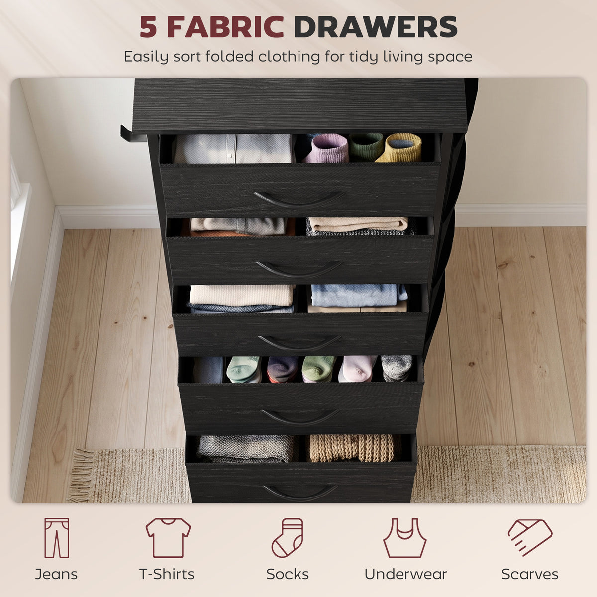 HOMCOM Chest of Drawers, Dresser with 5 Fabric Drawers, Tall Storage Unit with 4 Pockets and 2 Hooks, Steel Frame, Black