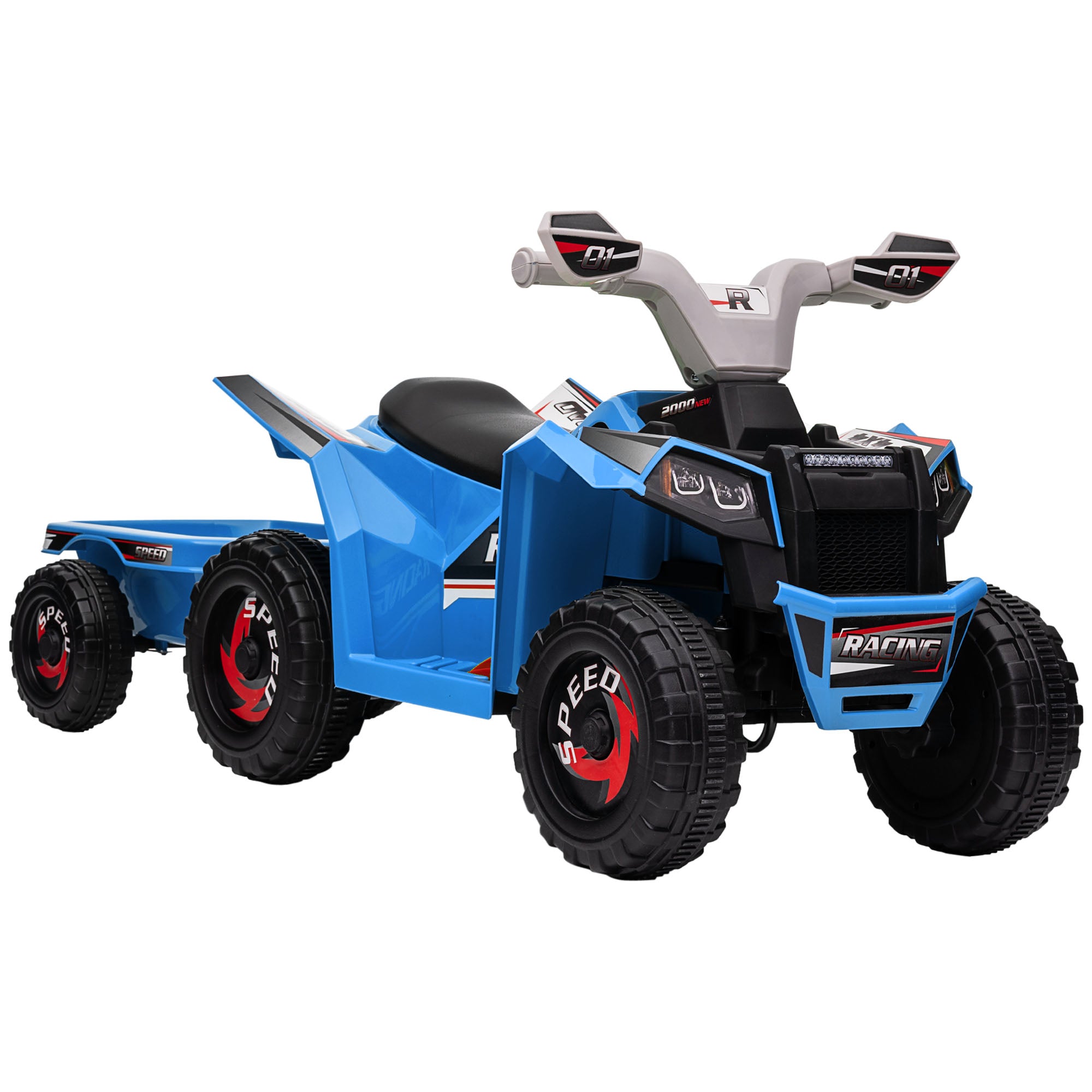 HOMCOM 6V Quad Bike with Back Trailer, Wear-Resistant Wheels, for Ages 18-36 Months, Blue - North Peak Garden Furniture