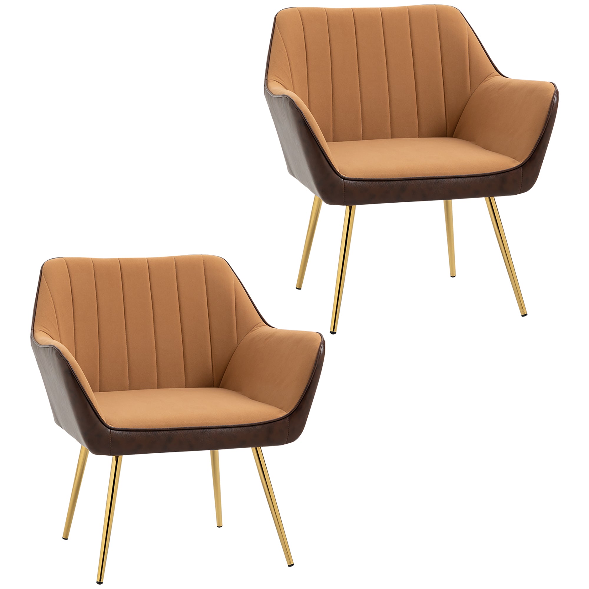 HOMCOM Velvet Armchairs, Upholstered Accent Chairs with Golden Steel Legs, Modern Vanity Chairs for Living Room and Bedroom, Set of 2, Light Brown - North Peak Garden Furniture