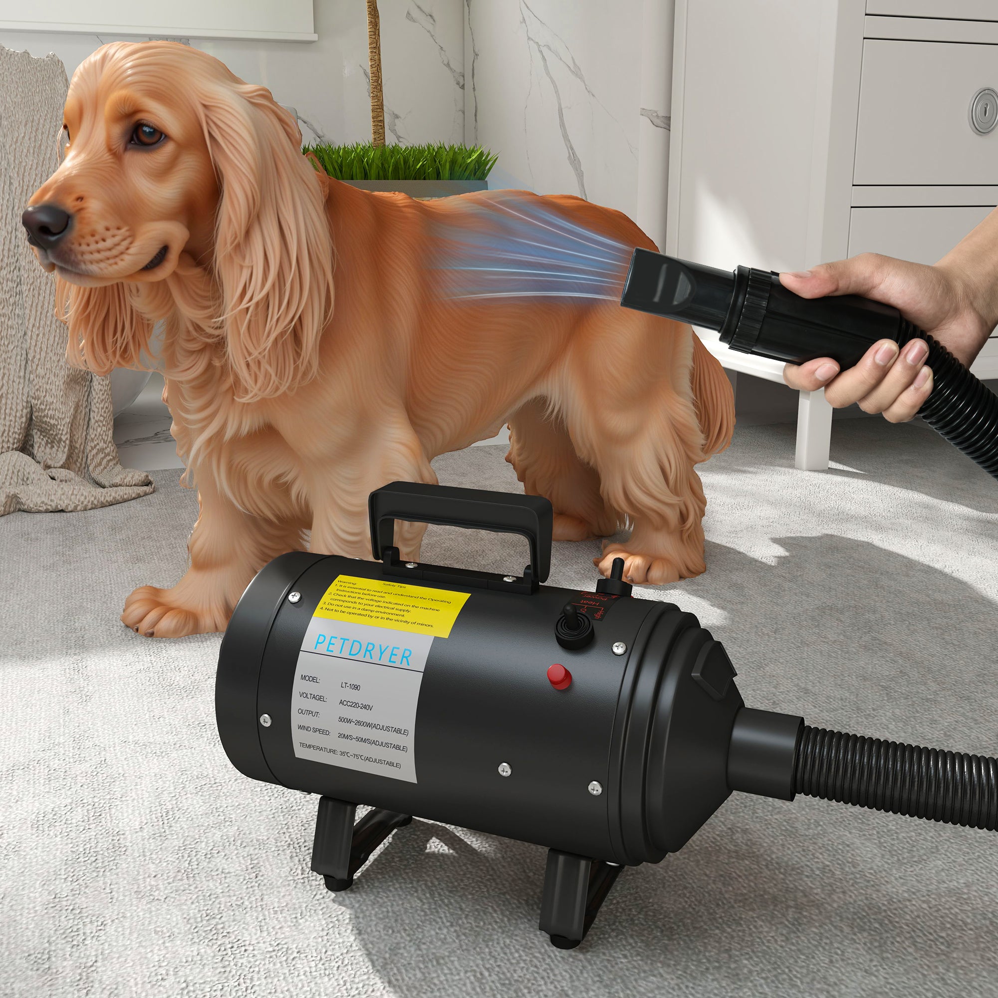PawHut 2200W Dog Hair Dryer with Adjustable Temperature & Velocity, 3 Different Nozzles, Black - North Peak Garden Furniture