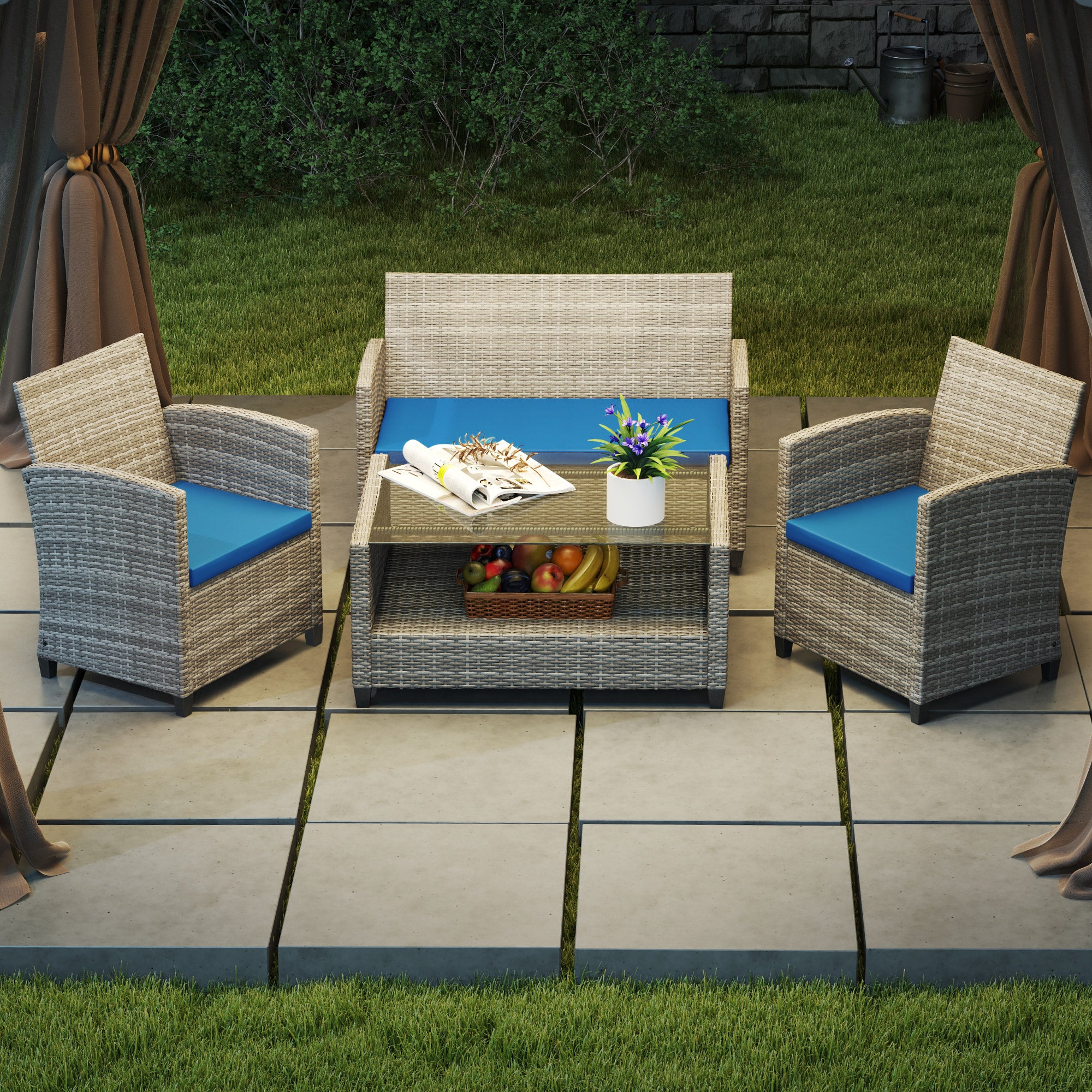 Outsunny Outdoor Seat Cushion Pads for Rattan Furniture, 3 PCs Garden Furniture Cushions, Sky Blue - North Peak Garden Furniture