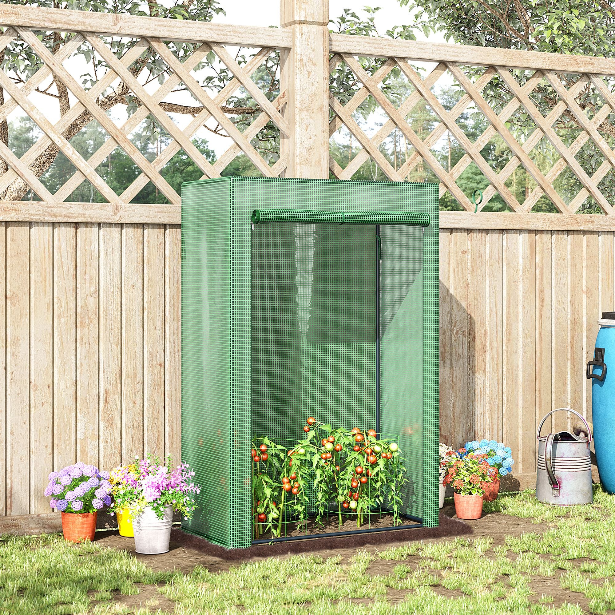 Outsunny 100 x 50 x 150cm Tomato Greenhouse Steel Frame PE Cover with Roll-up Door Outdoor for Backyard, Balcony, Garden, Green - North Peak Garden Furniture