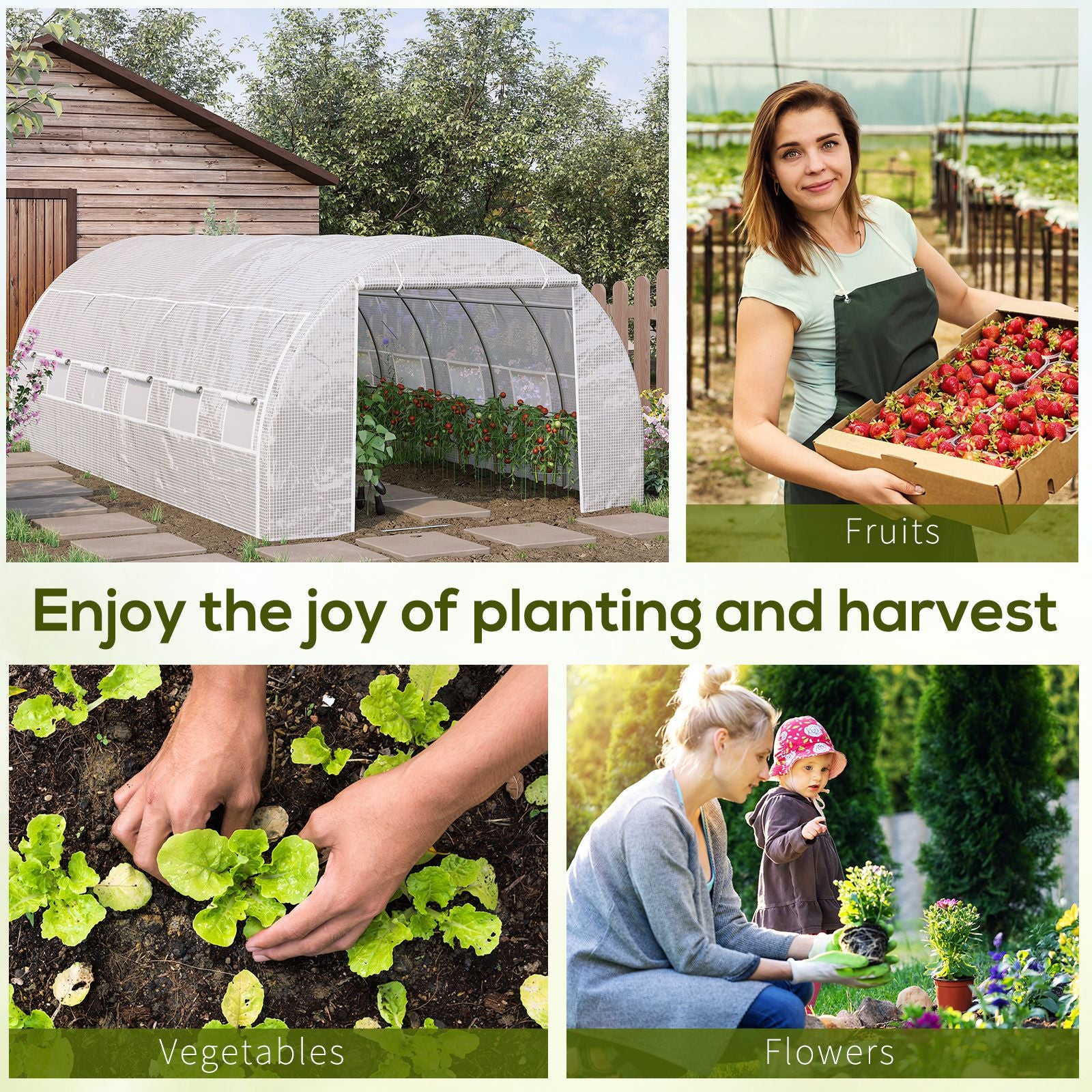 Outsunny 6 x 3 x 2 m Polytunnel Greenhouse with Roll-up Side Walls, Walk-in Grow House Tent with Steel Frame, Reinforced Cover, Zipped Door and 12 Mesh Windows for Garden, White - North Peak Garden Furniture